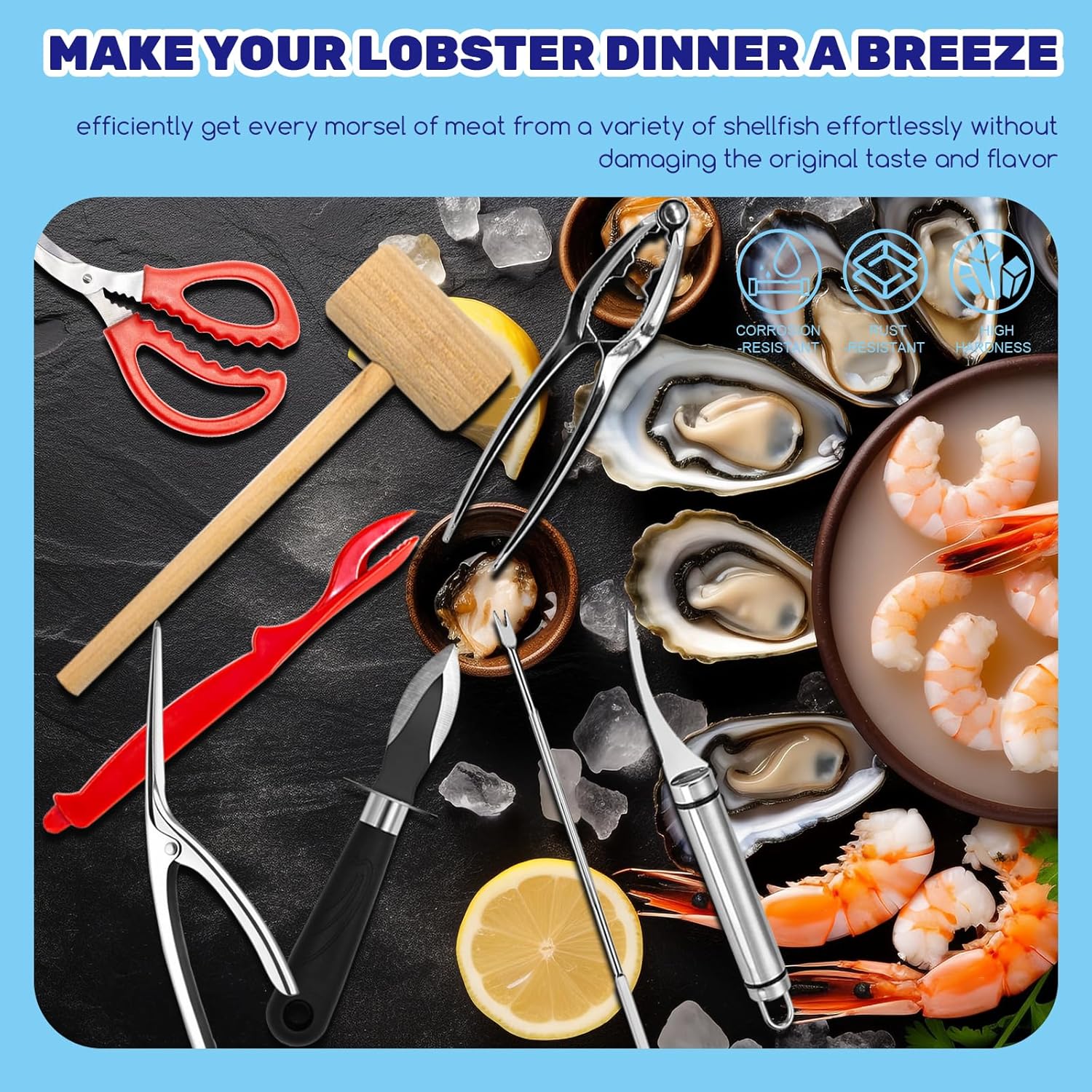19Pcs Seafood Tools Includes Sea Food Scissors, Crab Crackers, Oyster Knife, Lobster Crackers, Crab Hammer and Shellfish Forks, Nutcracker Set for Restaurants, Picnic and Home Use