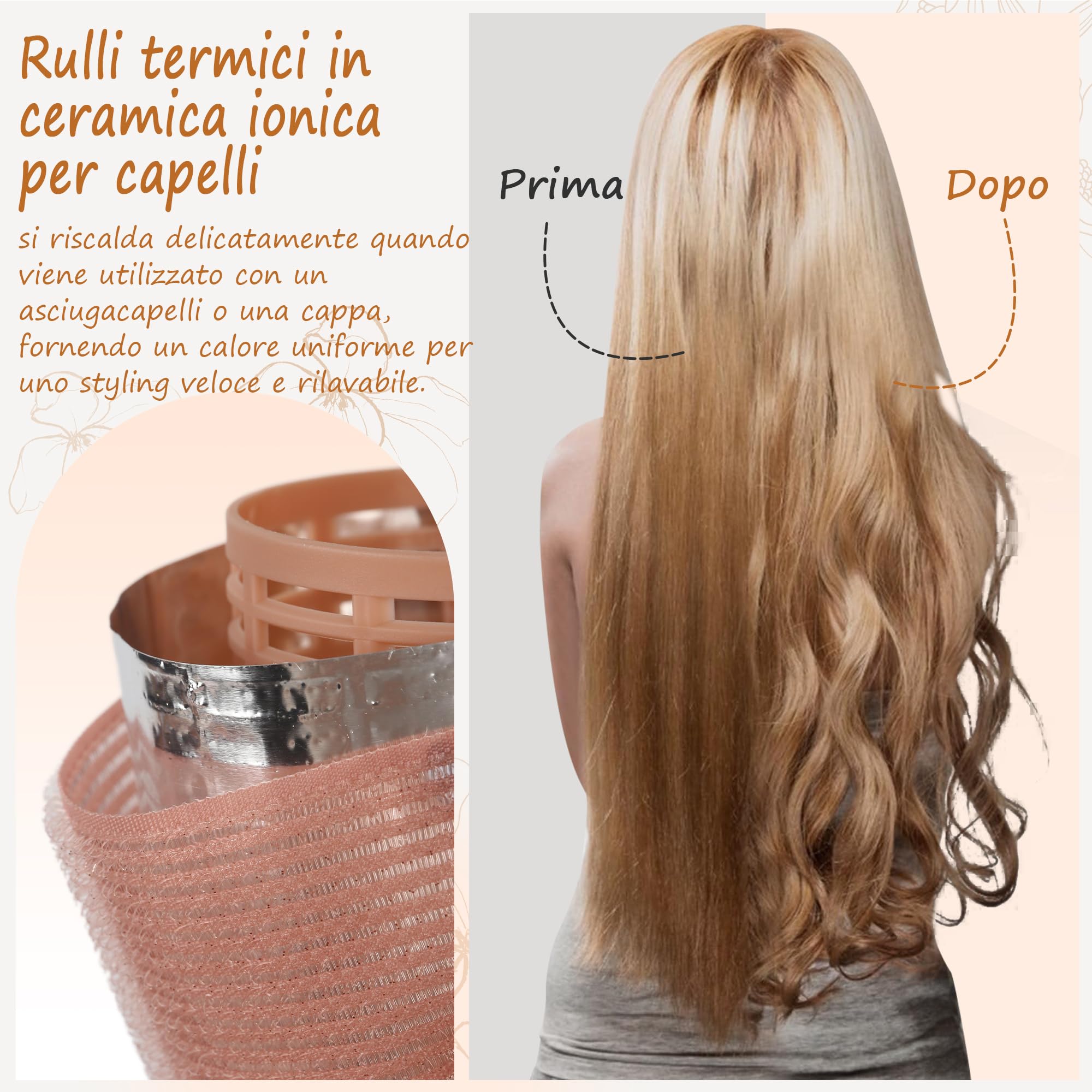 Bigodini Termici Ceramici,18 Pezzi Heatless Hair Curler Rollers,Bigodini Grandi per Volume,Ideale per le Donne dai Capelli Lunghi e Corti,3 Dimensioni(60,48,36 mm,Marrone,Rosa,Bianco)