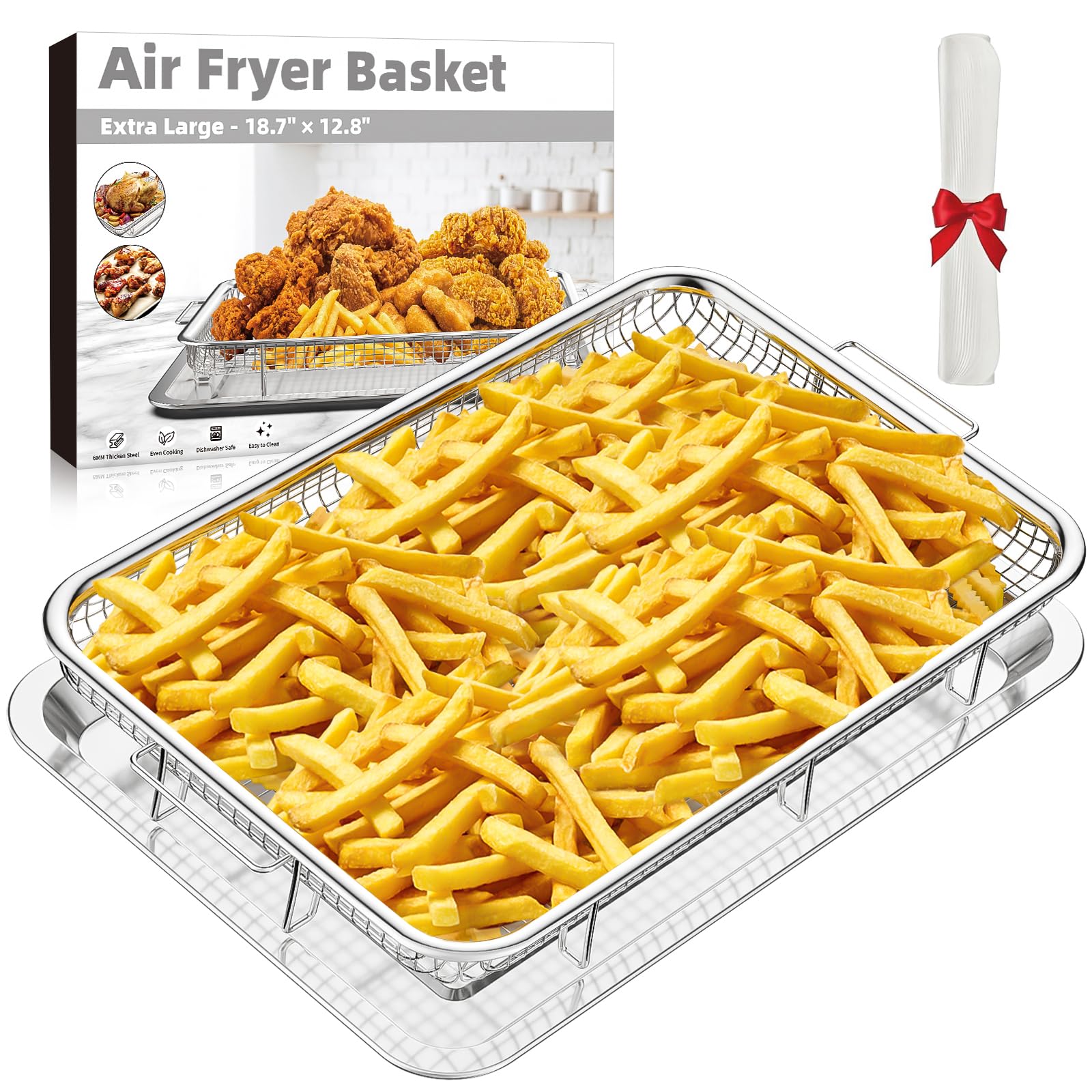 Air Fryer Basket for Oven,Extra Large 18.8" x 12.8" Oven Air Fryer Basket and Tray Set with 30 PCS Parchment Papers, THORSES Thickened Stainless Steel Air Fryer Pan and Crisper Tray for Frying Baking