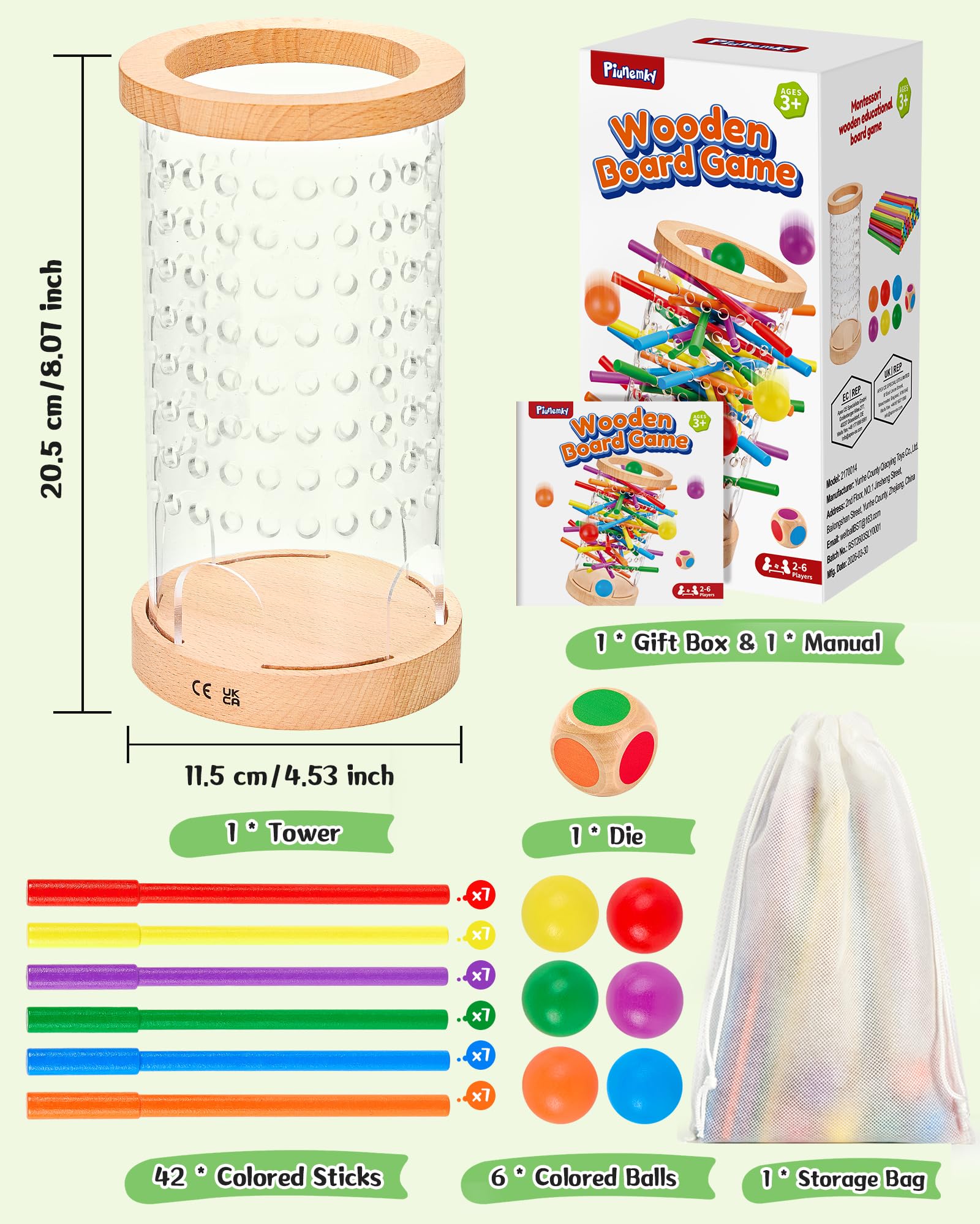 Montessori Holz Brettspiel ab 3–6 Jahre mit Ball & Antirutsch-Stäbchen | Antirutsch-Stäbchen, Transparenter Turm, Lernspielzeug für Motorik & Konzentration, Geschenk, Kompakt & tragbar für unterwegs