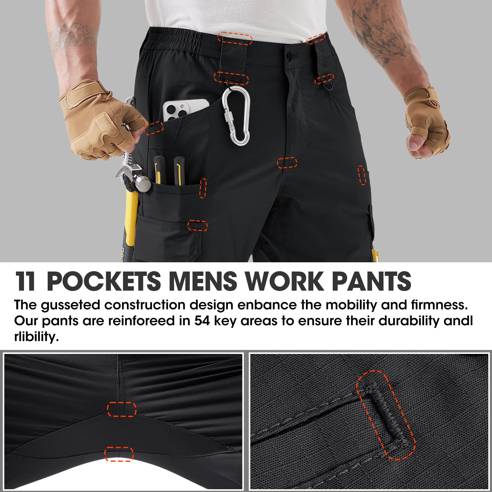 Pantalón de Trabajo Hombre Pantalones Cargo con Tejido elástico Anti-desgarro, Rodillas 3D, Doble Anillo D, Cintura elástica y Cremallera YKK para Construcción, Bricolaje y Outdoor