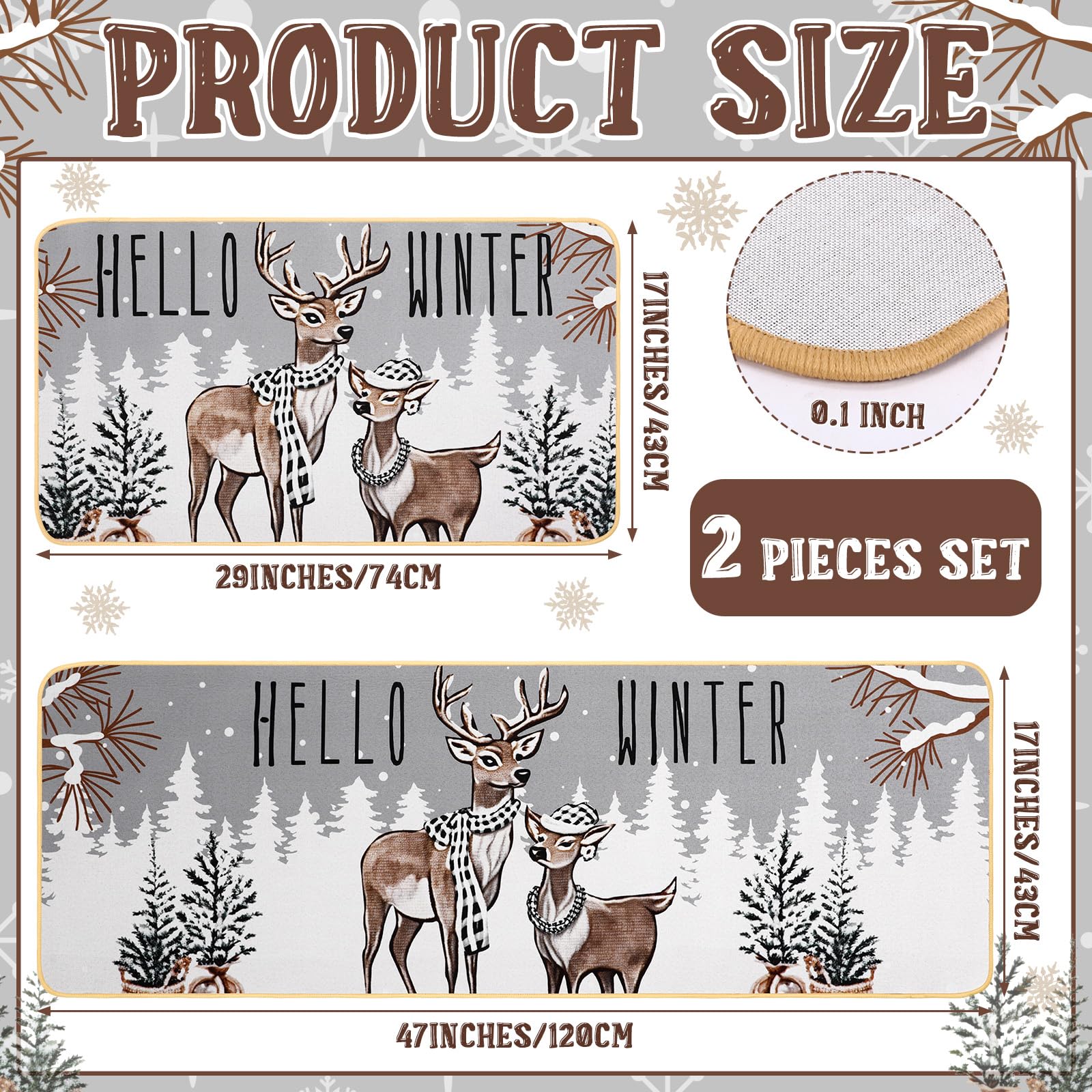 Tinideya Hello Winter Kitchen Mats Set of 2 Reindeer Kitchen Rugs Christmas Rug Forest Mat Non Slip Rugs for Winter Farmhouse Rustic Home Xmas Decor