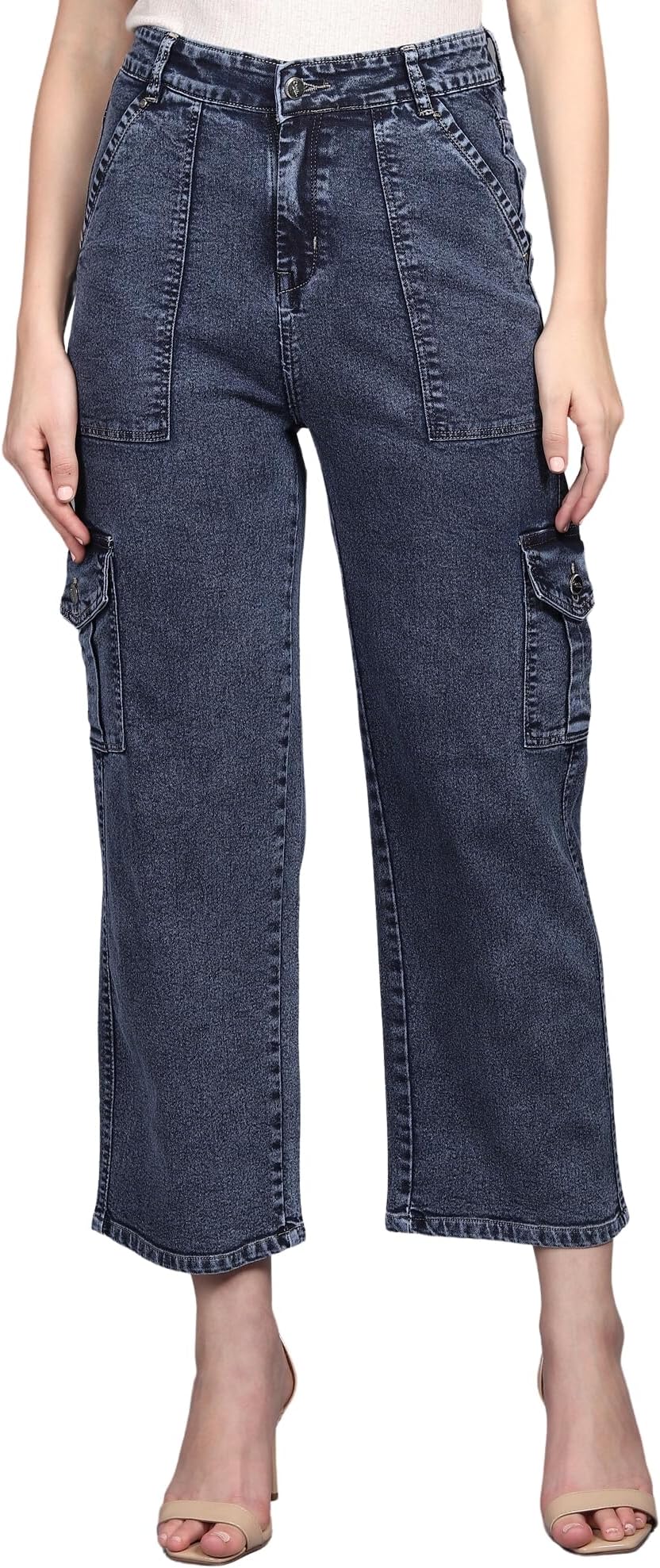 Qeboo Collection Cargo Jeans for Women High Waist Straight Fit Stretchable Denim -1215