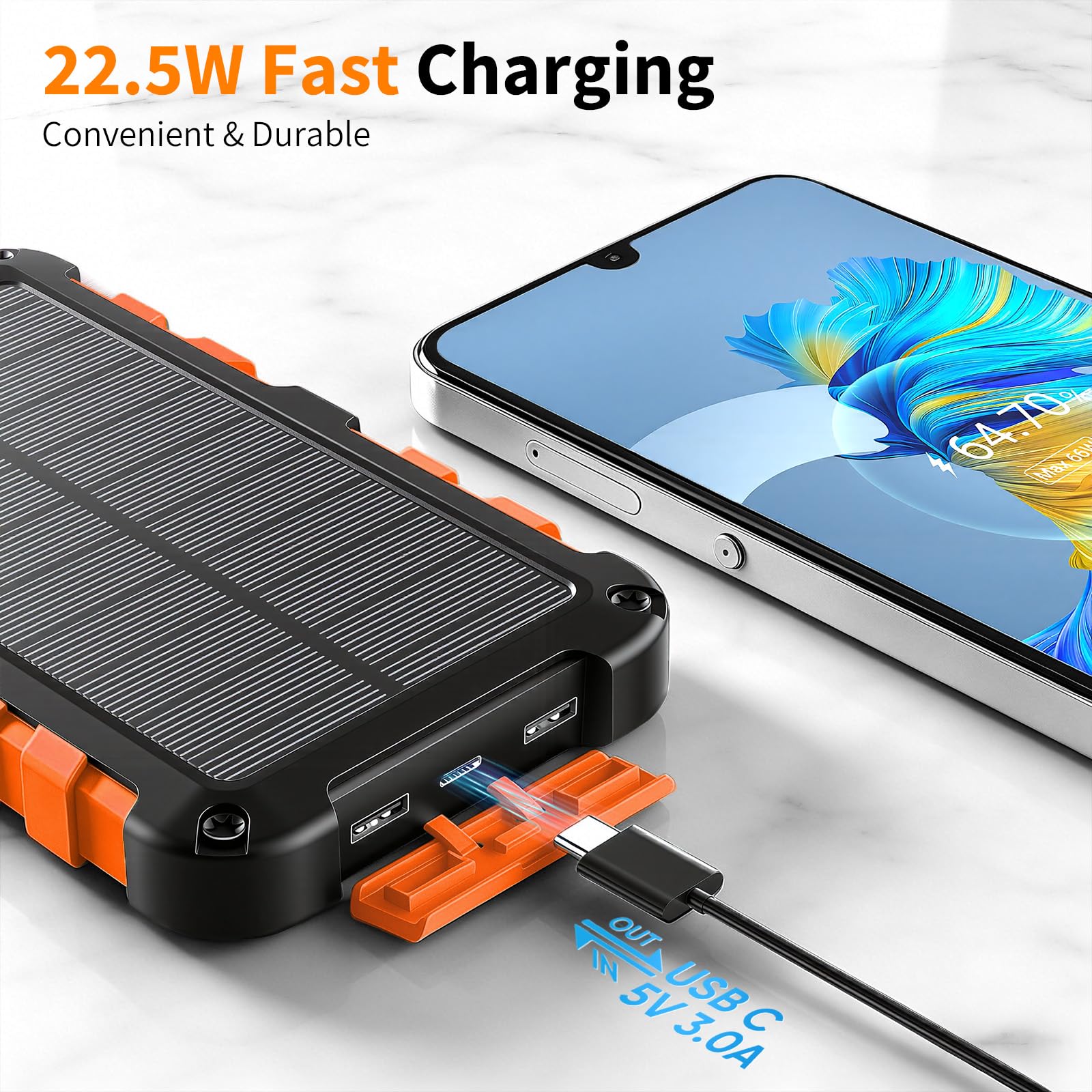 Batteria esterna solare 10000 mAh PD 15 W caricatore solare con 2 porte USB e ingresso USB-C ricarica rapida solare power bank impermeabile compatibile con telefono tablet campeggio, arancione