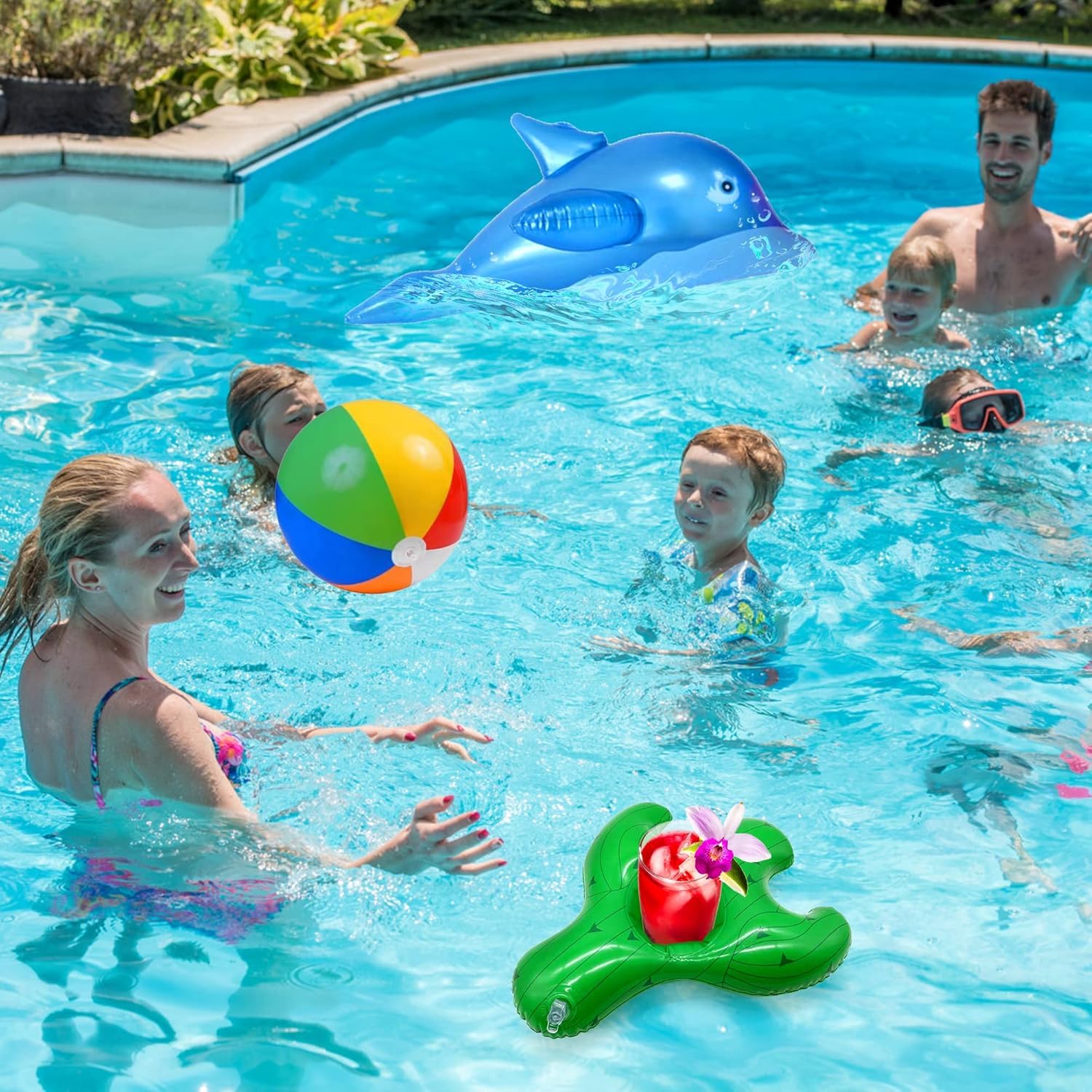 Yetech 9PCS Palmiers Gonflables Flamingo Jouets ,Gonflable Banane Balles De Plage Volant Perroquet Dauphin,90CM Pastèque Anneau de Natation Gonflable,la Toile de Fond de Plage de décor de fête