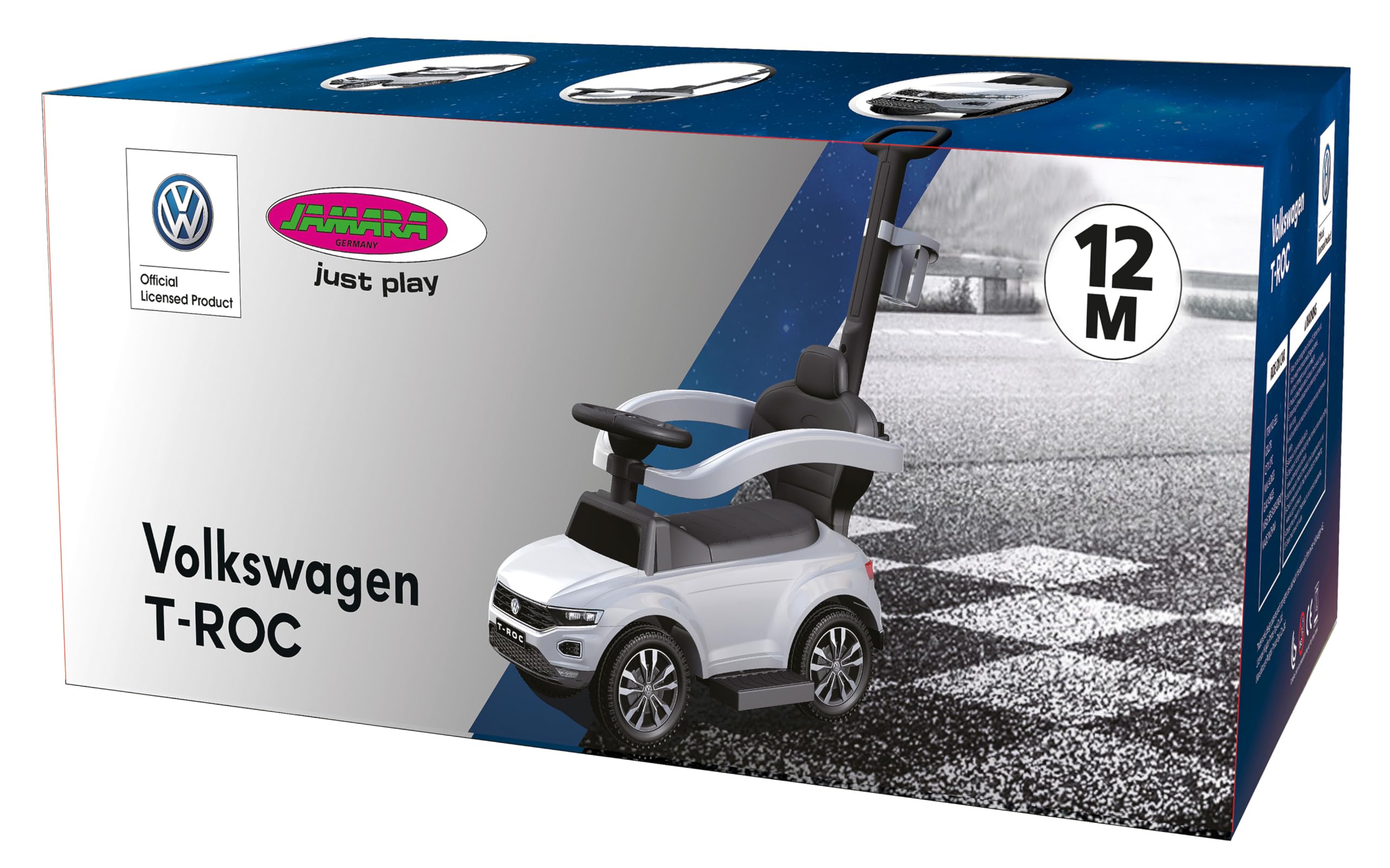 JAMARA 460463 - Rutscher VW T-ROC 3in1 - Kinderfahrzeug, Kippschutz, Kofferraum, Schub-und Haltestange mit Lenkfunktion, Rückenlehne, seitlichen Schutzbügel, ausziehbare Fußauflage, Sound, Hupe