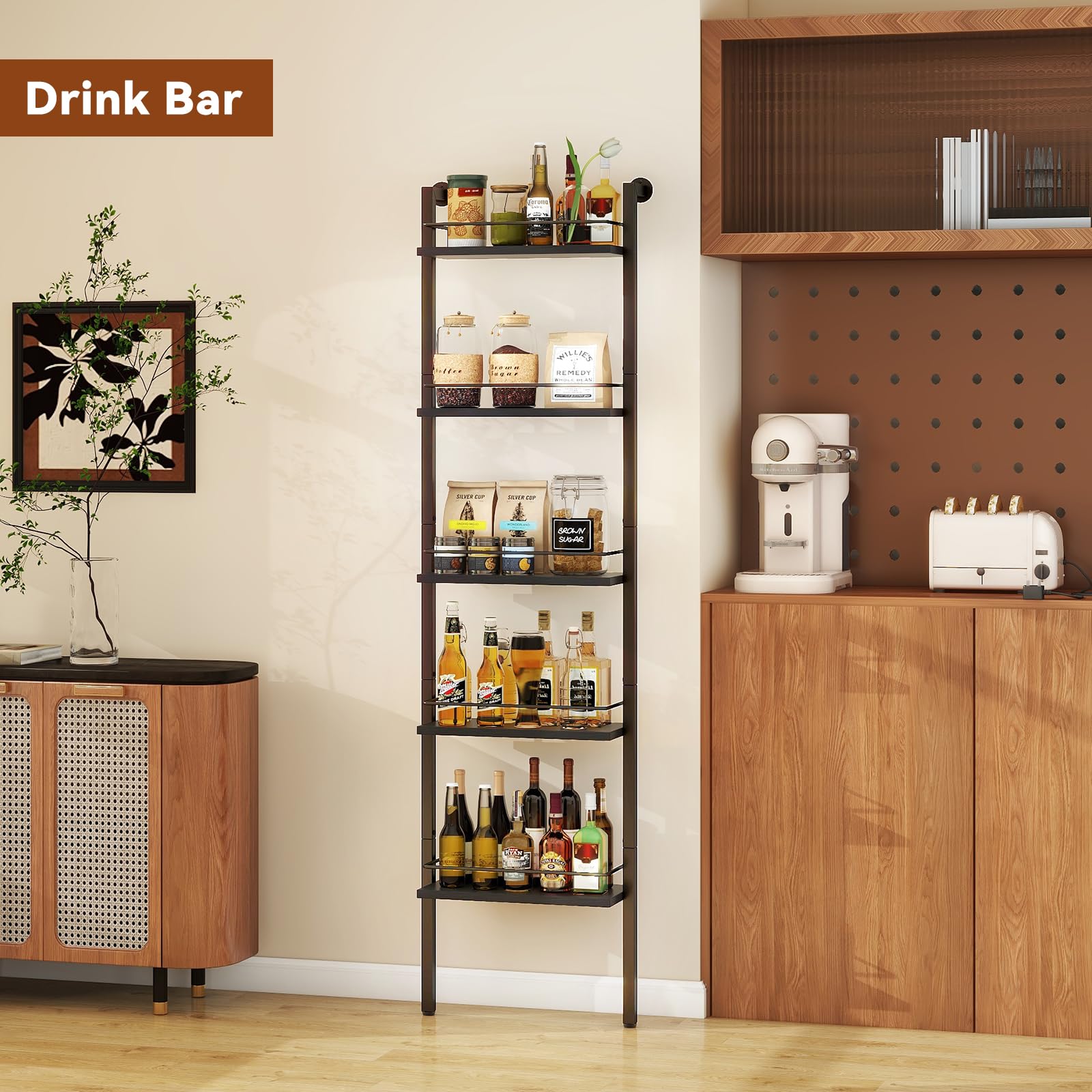 YMYNY 5-Tier freistehende Weinregale, Liquor Flasche Display Regal mit Zäunen, Wand montierte schwimmende Regal Lagerstand für Küche, Esszimmer, 43 x 20 x 177 cm Schwarz HWR001B