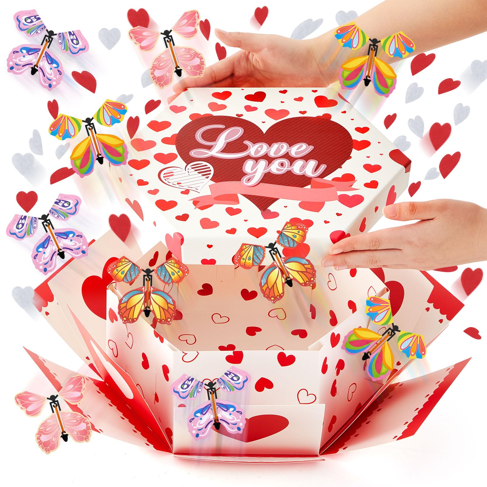 Dunzoom Valentine's Day Flying Butterfly Surprise Gift Box,large DIY Valentine's Gift Explosion Box with 12 Pcs Flying Butterfly, Red Heart Love You Decor for Anniversaries Wedding