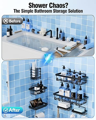 Miniatura 2 de Paquete de 7 estantes adhesivos de ducha de acero inoxidable para almacenamiento de baño, sin perforaciones, gran capacidad, acero inoxidable, para