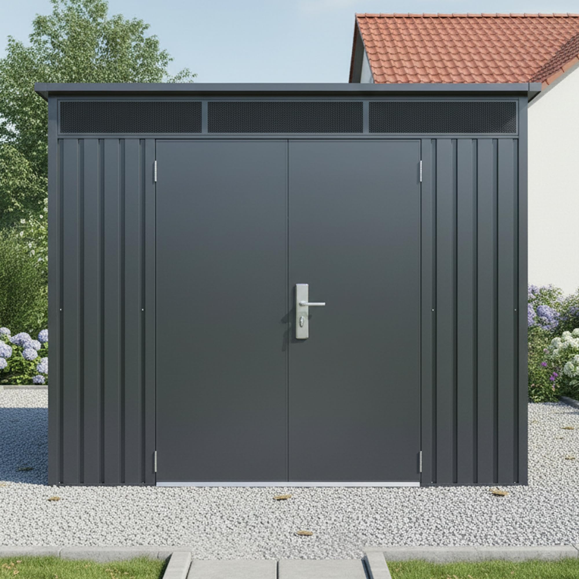 Gerätehaus Metall pulverbeschichtet anthrazit Pultdach 237x186x201/179 cm Tageslichtfenster Gasdruckdämpfer Schloss Lüftungsgitter 4m²