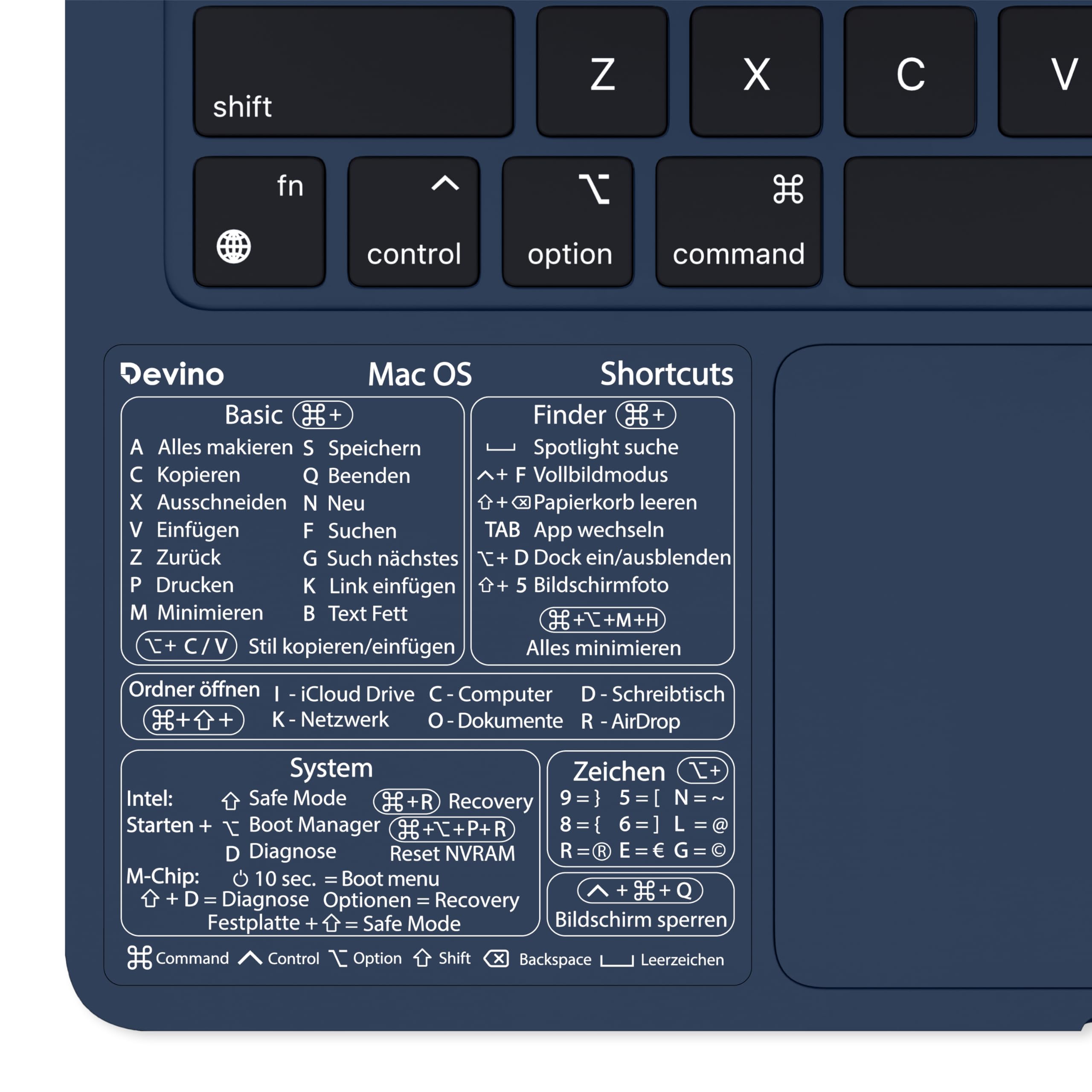 Devino® Shortcuts Aufkleber Mac OS für 13“-16“ MacBook Pro Air M1 M2 / Intel Transparent (Ventura/Monterey/Big Sur/Catalina/Mojave) Sticker Deutsch (1, Transparent Weiß)