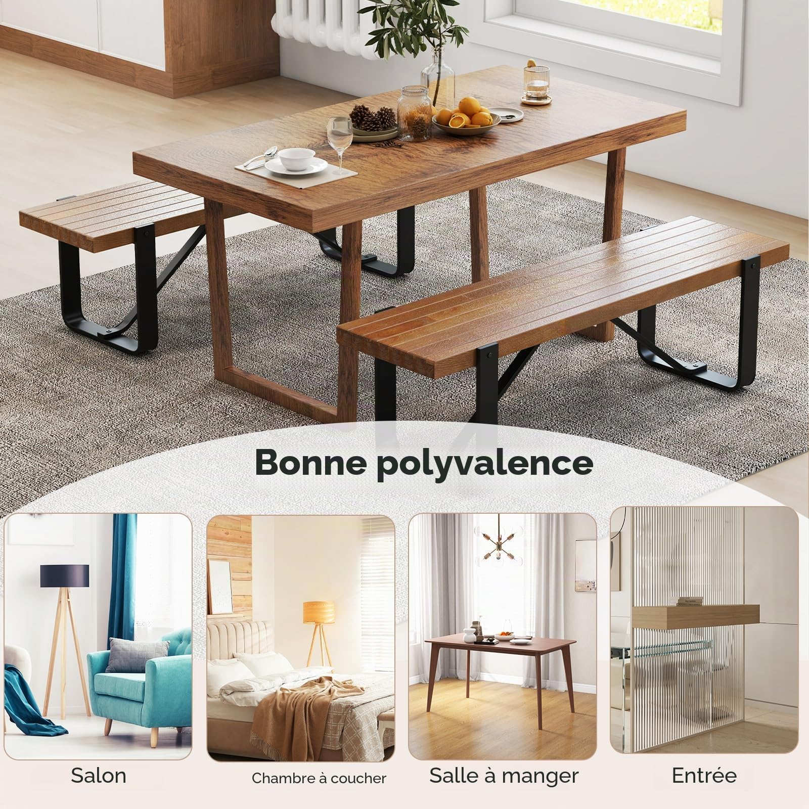 KOMFOTTEU Banc de salle à manger 152,5 x 43 cm en bois avec pieds en métal - Banc de table en bois sans dossier - Banc de cuisine avec pieds en U - Banc de couloir - Charge maximale : 300 kg