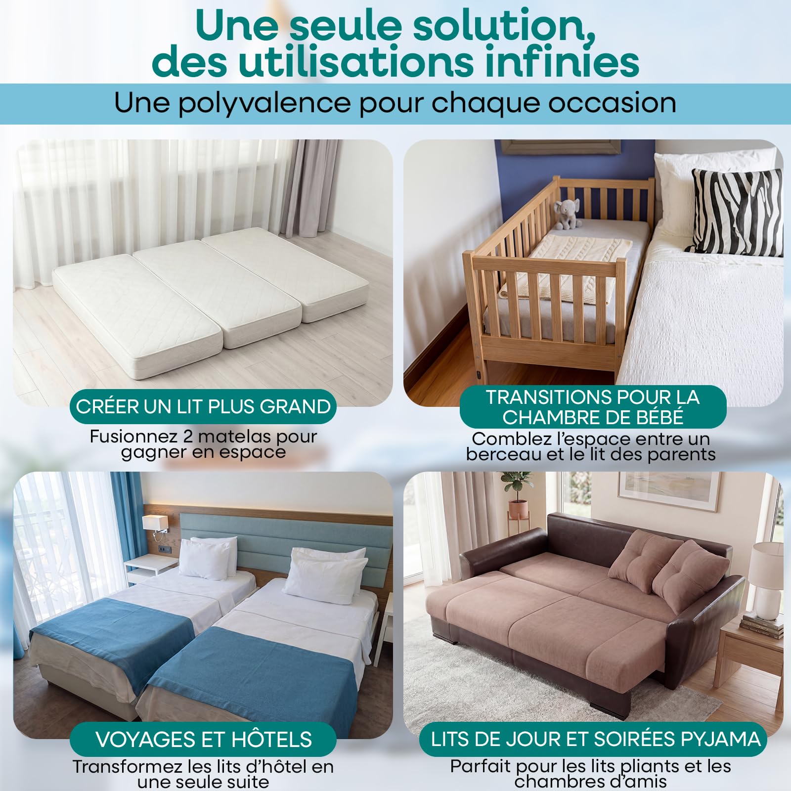 Pont de Lit Split King - Convertisseur pour Matelas Twin - Mousse Dense | Coin Biseauté Breveté Anti-Glissement, Hypoallergénique et Respirant, Idéal pour Chambres d'Amis et Couples