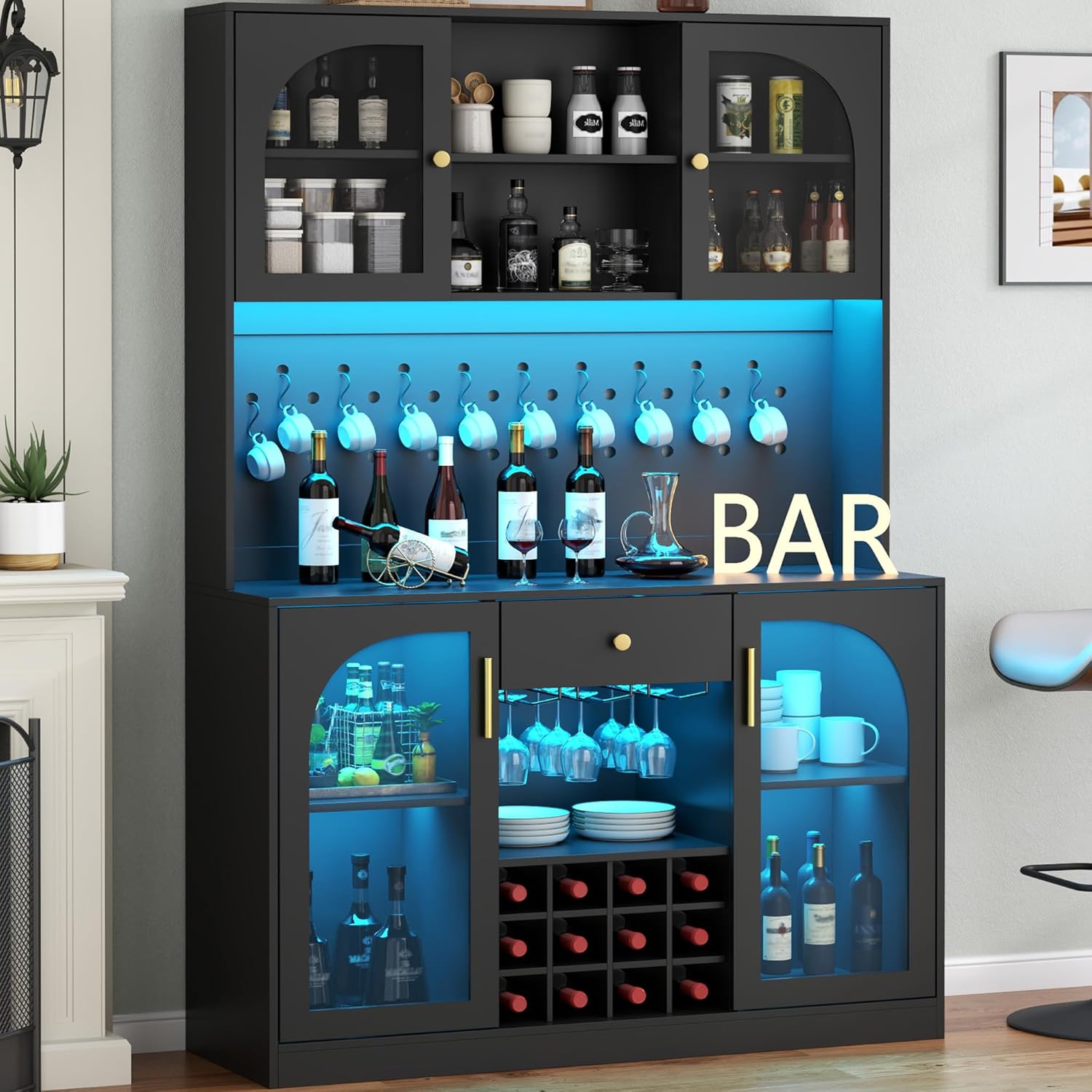 71.6'' Tall Wine Bar Cabinet with Led Light - Whiskey Liquor Cabinets with Pegboard & Glass Doors, Coffee Hutch Cabinet with Drawers & Wine Racks, Large Black Coffee Bar for Kitchen (Black)
