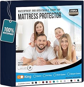 Utopia Bedding Waterproof Mattress Protector King Size, Premium Terry Mattress Cover 200 GSM, Breathable, Fitted Style with Stretchable Pockets (Navy Blue)