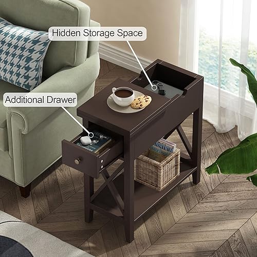Miniatura 4 de ChooChoo End Table, MDF Material Flip Top Narrow End Table with Drawer, Accent Small Side Table Nightstand for Living Room, Bedroom, and Small