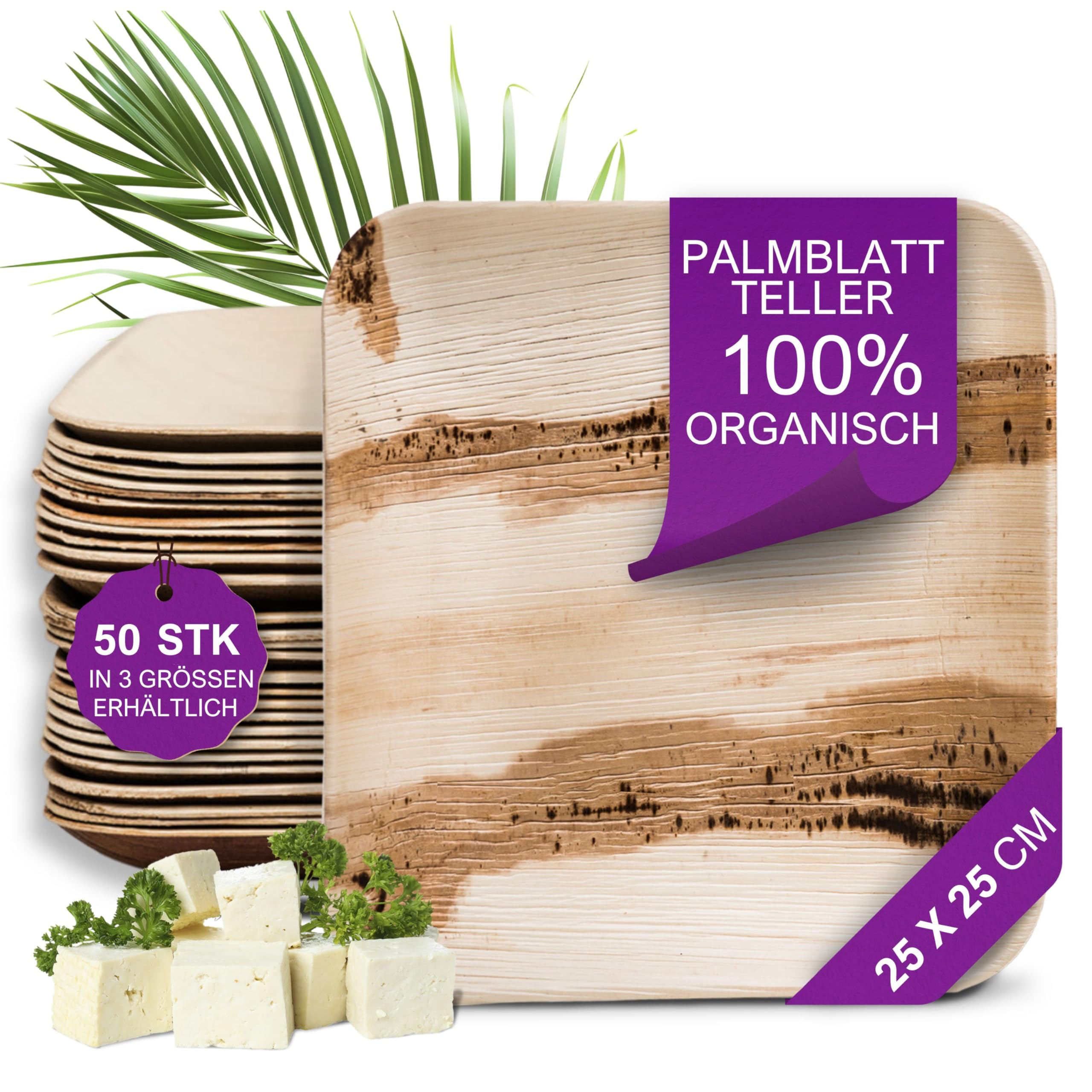 Bio Palmblatt Teller - 50 Stück groß eckig 25x25 cm - Premium Einweggeschirr kompostierbar - Umweltfreundliches Palmblatt-Geschirr - ähnl. Bambusteller Einweg