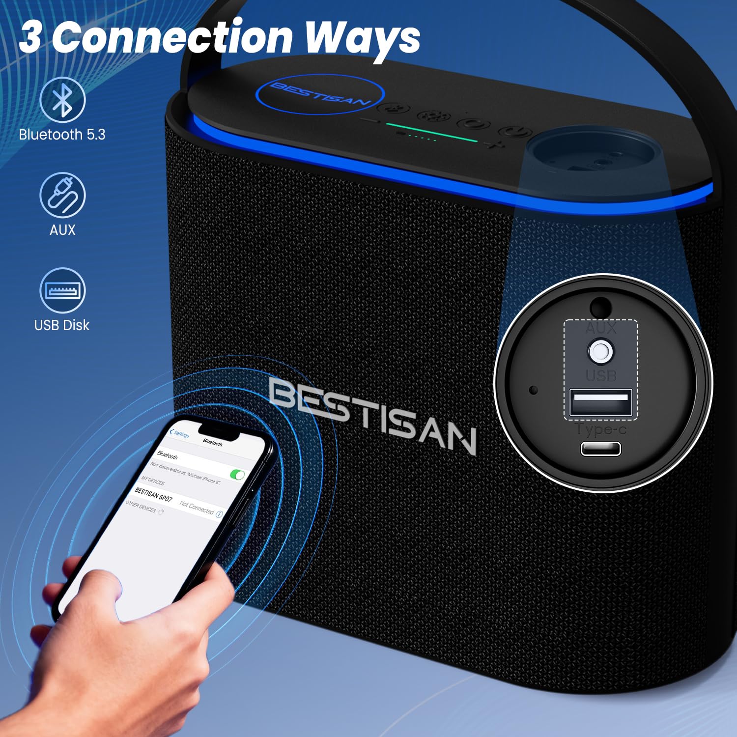 BESTISAN Altavoz Bluetooth de 2.1 canales, altavoz portátil de 90 W máximo, 6 modos de luces RGB, subwoofer de graves profundos de 50 W, TWS, AUX, reproducción de disco USB, llamada manos libres