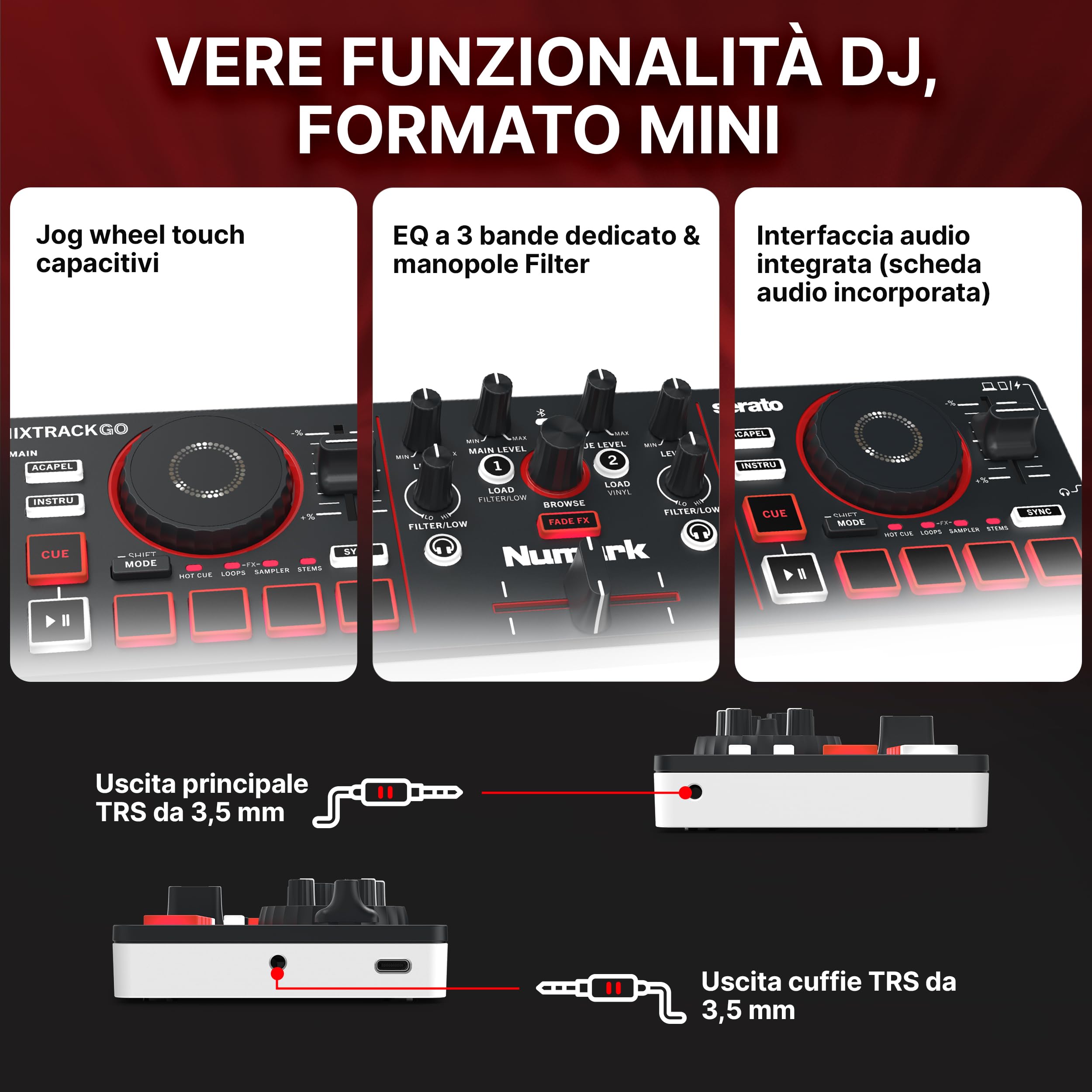 Numark Mixtrack Go Controller DJ Bluetooth Compatto con Stems Control | Mixer DJ 2 deck, principianti e DJ mobili, Smart Fader, USB-C, Serato DJ Lite e Algoriddim djay inclusi, Gen 4