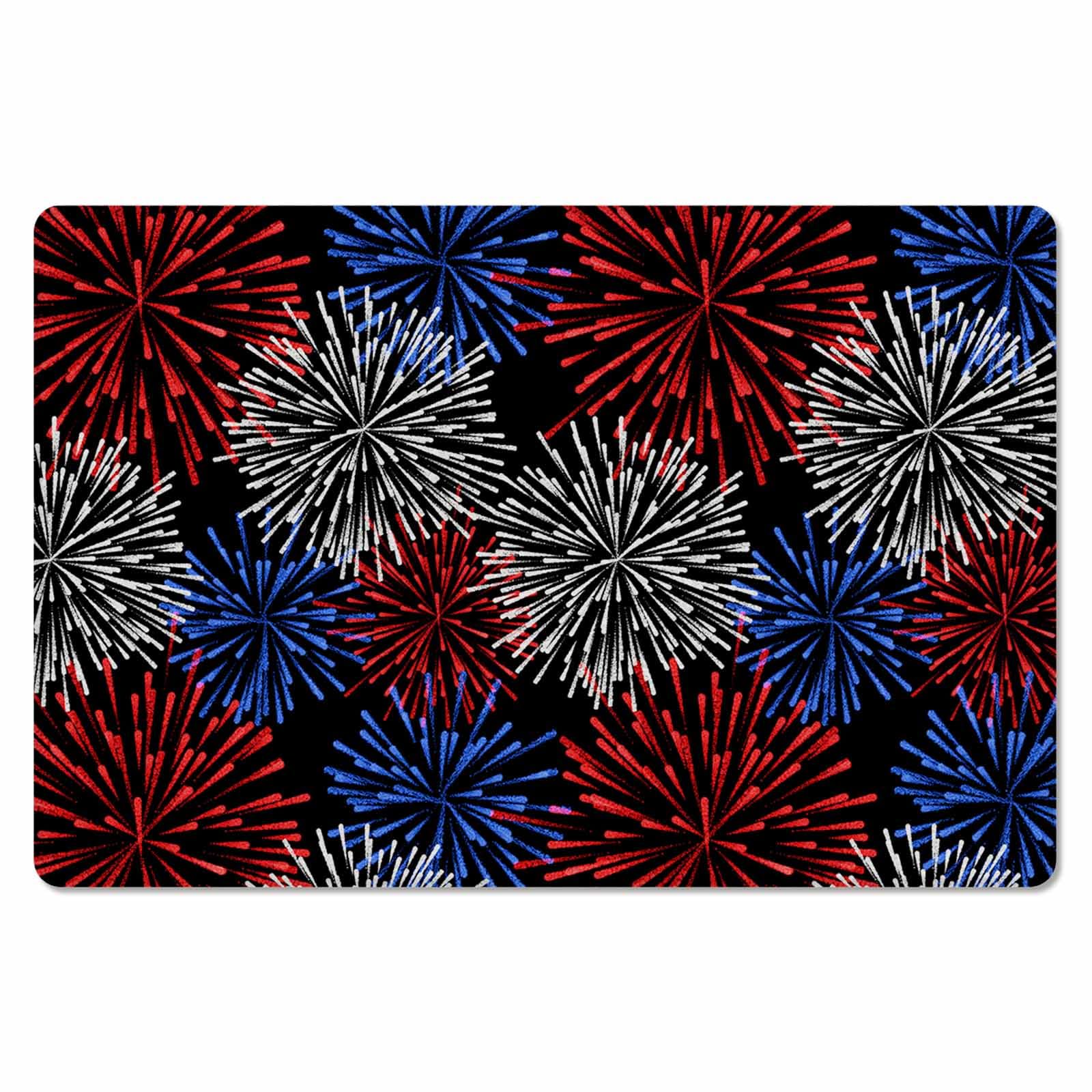 Red Blue Fireworks Antifatigue Kitchen Bath Door Mat Cushioned Runner Rug,Washable Welcome Floor Sink Mat,Waterproof Non-Slip Kitchen Standing Doormat,4th of July Patriotic Memorial Day Black 20