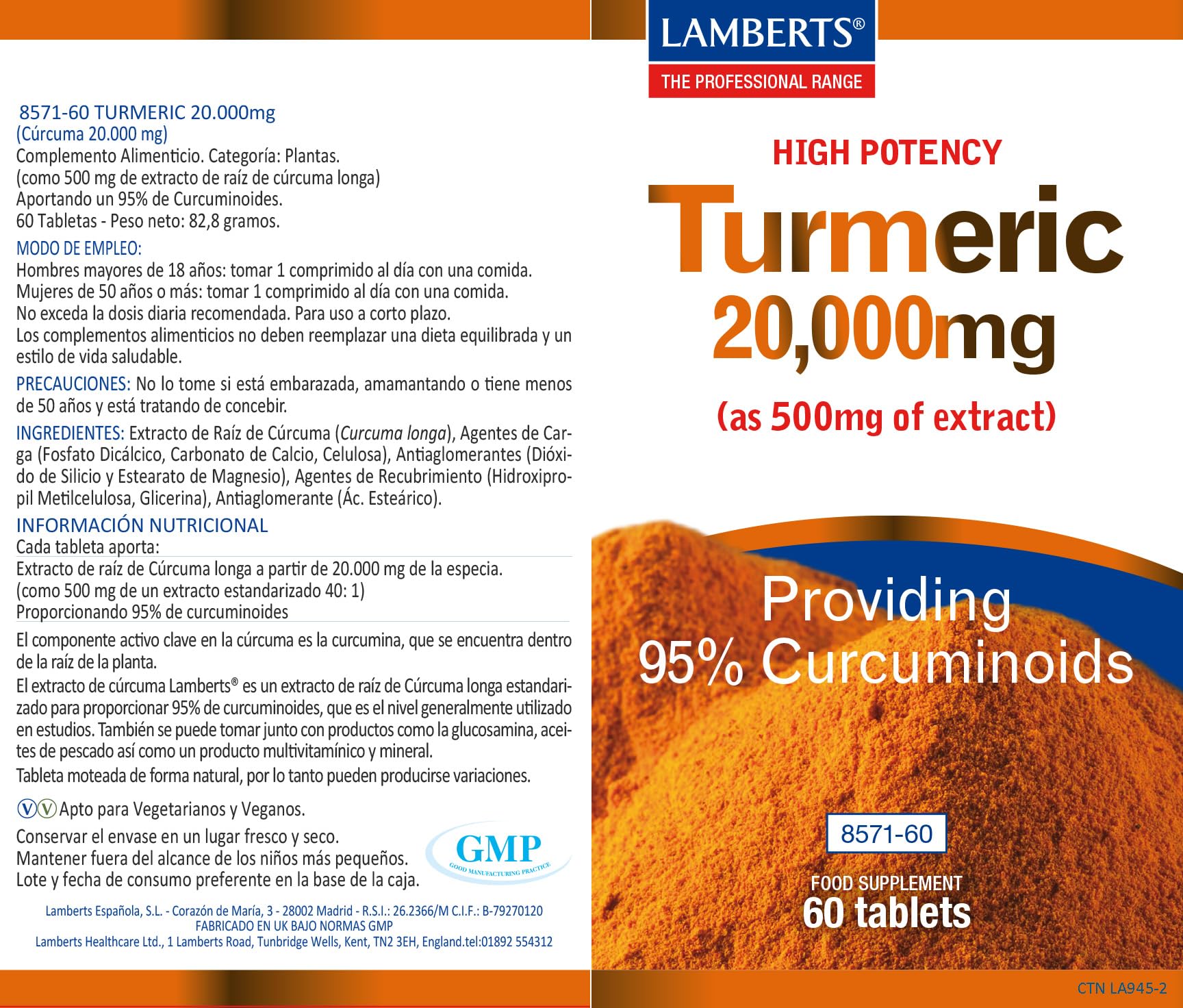 Lamberts Cúrcuma 20.000 mg | Extracto Estandarizado 95% Curcuminoides | Alta Potencia | 60 Tabletas | 60 Días de Suministro | Calidad Farmacéutica GMP