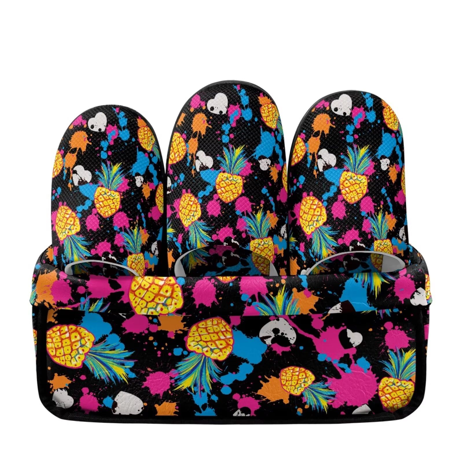 Twousenru Pineapple 3 Pairs Home Party Slippers Set Art Doodle House Shoes for Women Casual Soft Non-Slip Bedroom Slippers with Storage Case