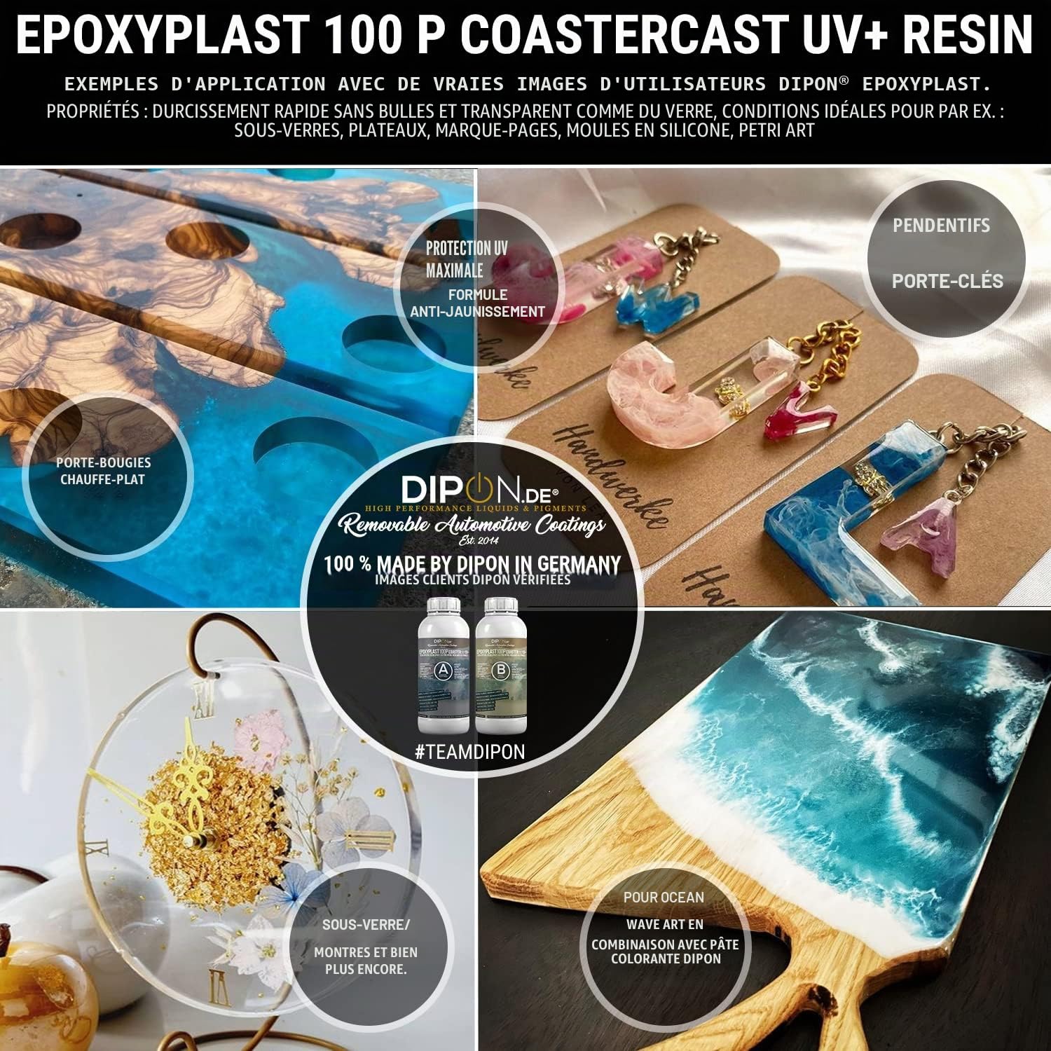 Résine époxy Plast 100P CoasterCast UV + 6,0 kg I Verre transparent & sans bulles I Protection UV maximale I Sans BPA non toxique I Convient pour les marque-pages en résine Art Pendentif Sous-verre