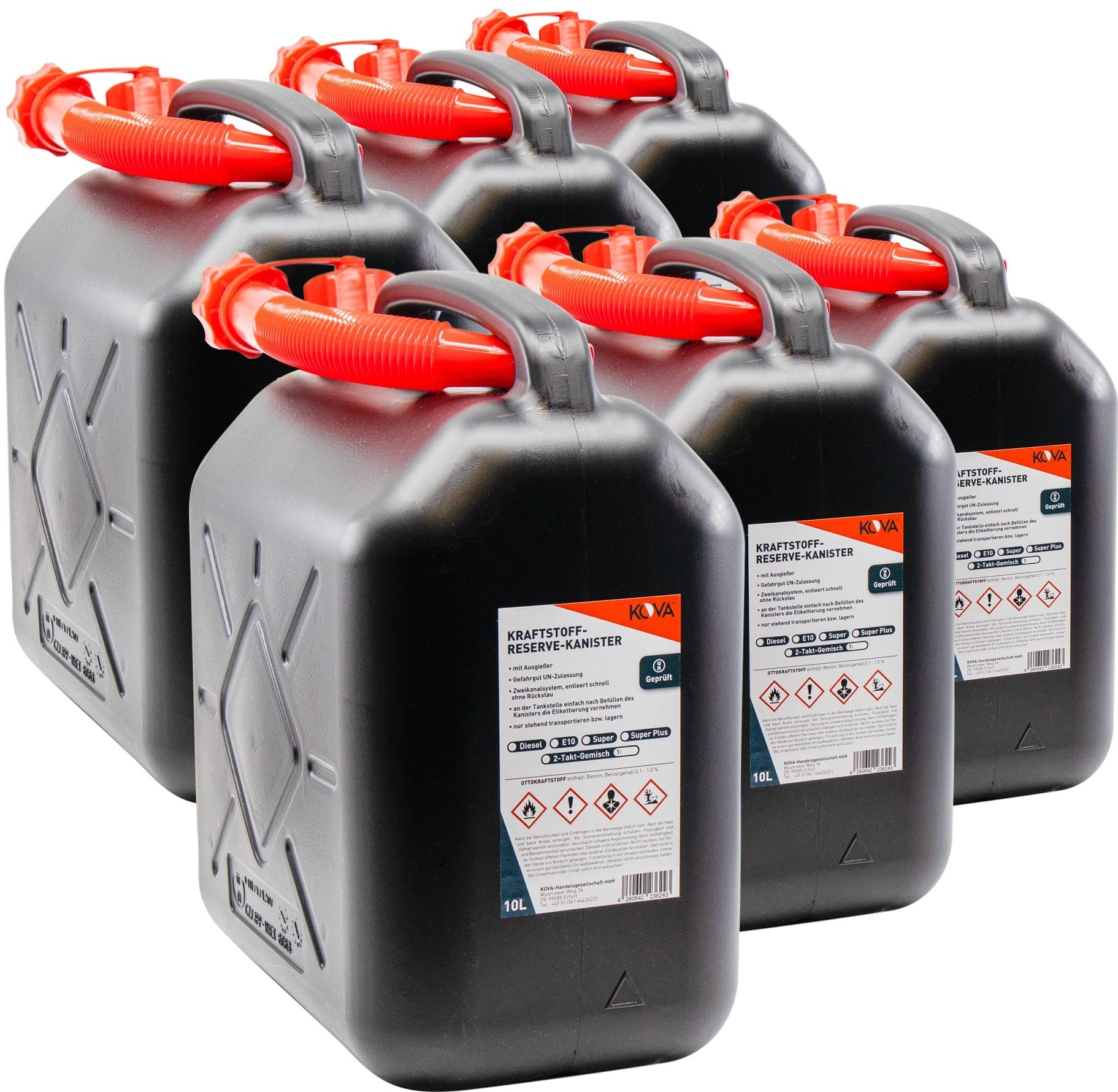 KOVA 6x Benzinkanister 10L SCHWARZ Kunststoff Dieselkanister Reservekanister Kraftstoffkanister 10 Liter Wasserkanister für Benzin Diesel Wasser AdBlue 10-Liter-Kanister & Außgießer 10 ltr Petrol Can
