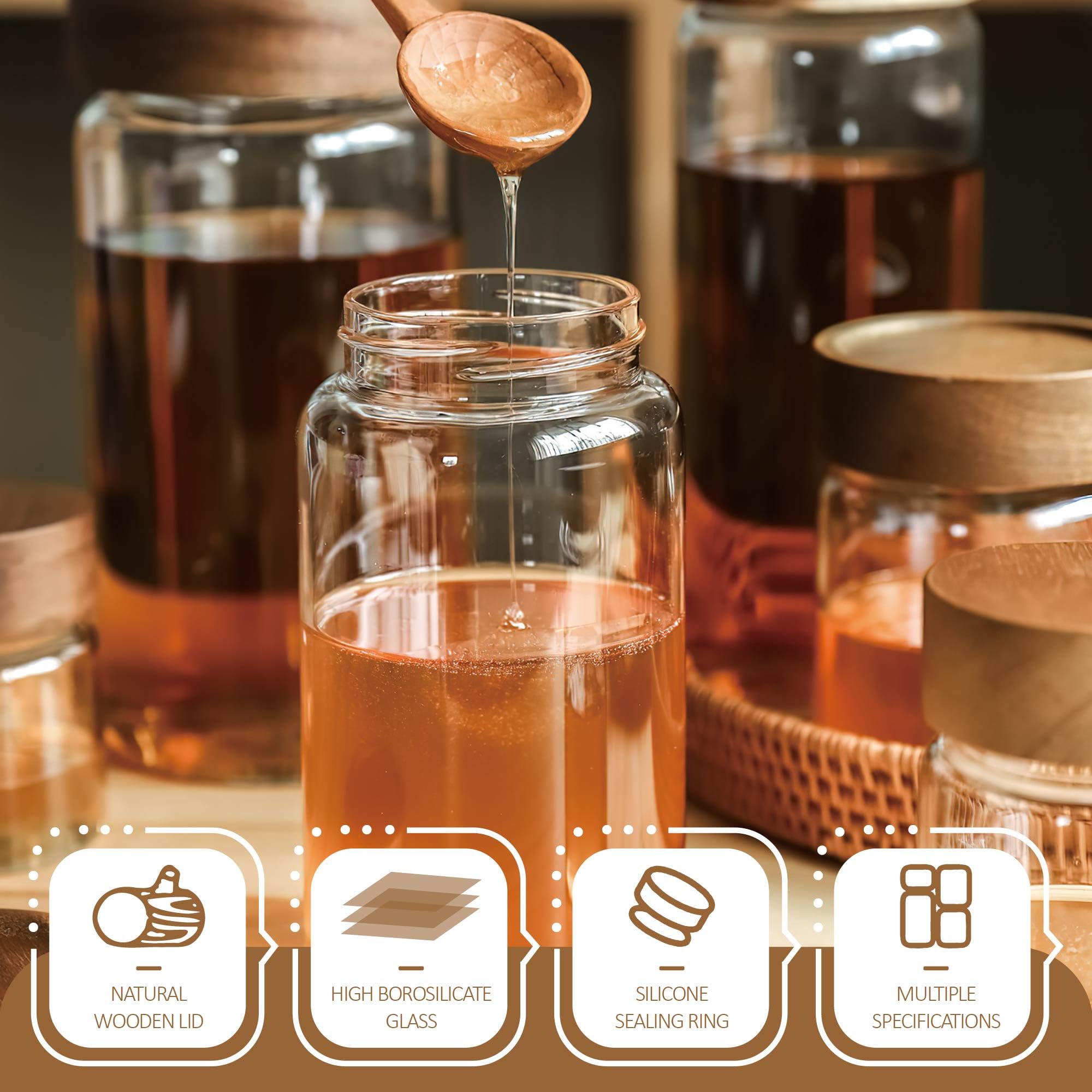 Barattoli in vetro con coperchi in legno, contenitori ermetici trasparenti da 850 ml (set da 3) con tappo a vite, contenitori da cucina per chicchi di caffè, biscotti, decapaggio, pasta
