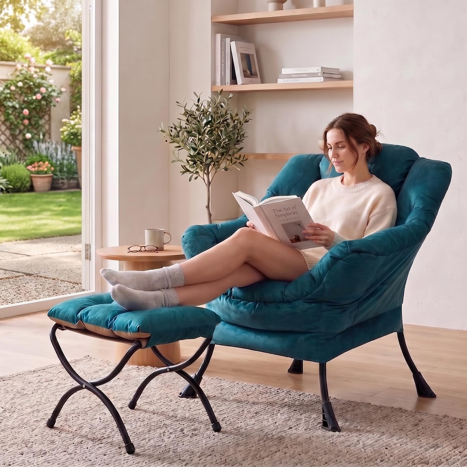 HollyHOME Sessel mit Hocker Ohrensessel mit Hocker Sessel Wohnzimmer Relaxsessel Schlafzimmer Lesesessel Lounge Sessels Armlehnensessel, Blau Grün