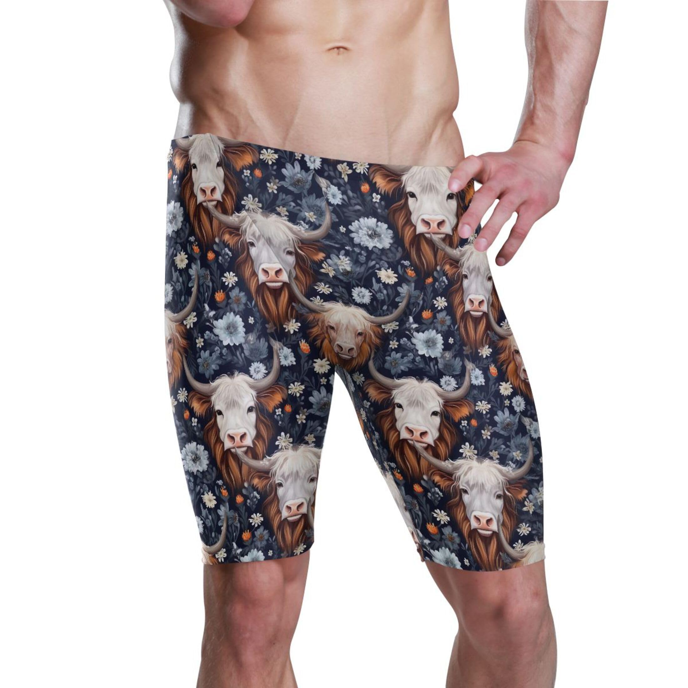 Highland Cow Flowers Animal Swim Jammers for Men Athletic Durable S B0403269