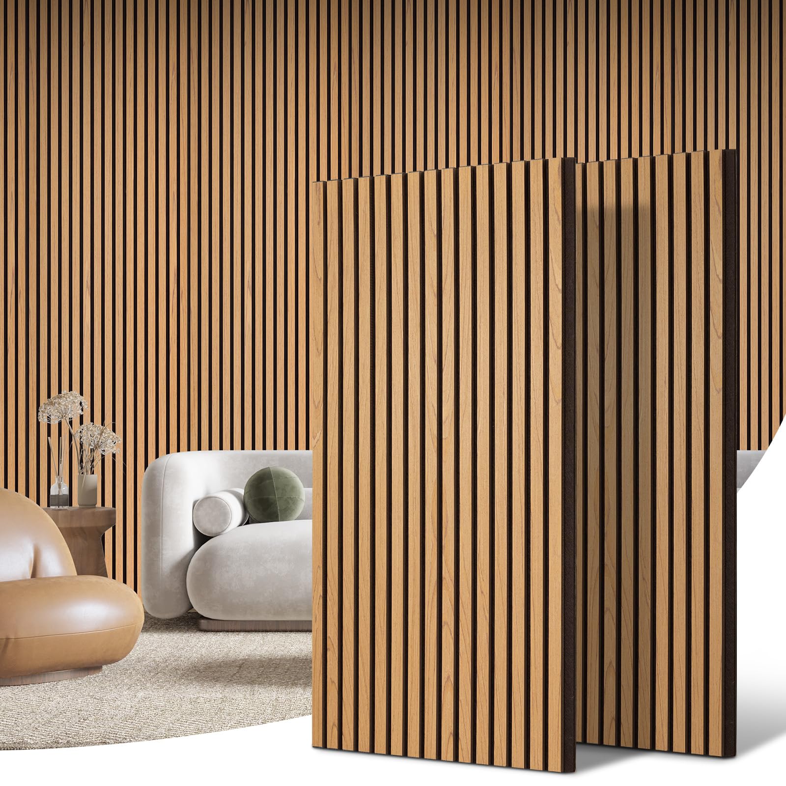 DOLLAR BOSS Ultra-acoustic Wood Slat Panels for Wall 2 Pcs 46.5" x 23.8" Sound Absorbing Wall Panels with Soundproof Barrier, 3D Fluted Wood Finish Wall Paneling, Oak