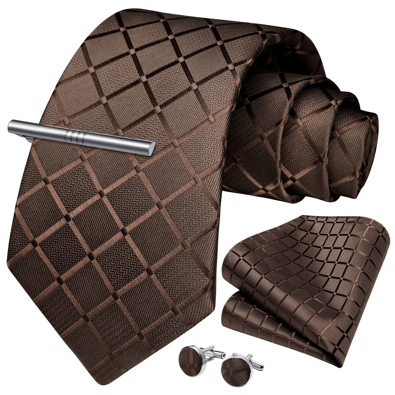 HISDERN Plaid Ties for Men Classic Checkered Tie and Pocket Square Cufflinks Tie Clip Set Woven Men's Necktie Business