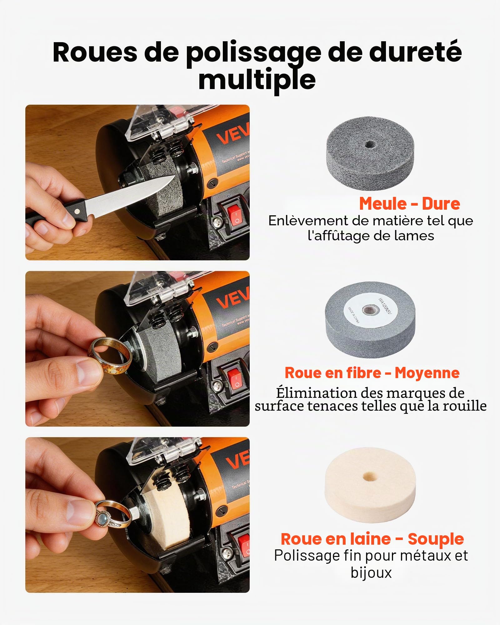 VEVOR Polisseuse d'Établi, Touret à Polir à Vitesse Réglable de 8300 à 10600 tr/min, Kit de 100 Accessoires, Polissage pour Bijoux, Métal, Pierre, Bois et DIY, avec Meule et Disques Fibre et Laine