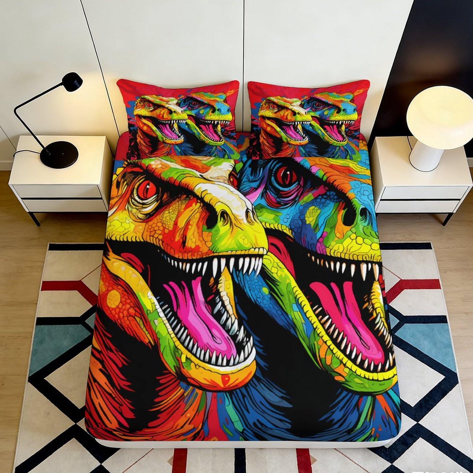 3D Printed Colorful Dinosaur Fitted Sheet Microfiber Soft Breathable Graffiti T-Rex Mattress Cover for Bedroom Dorm Decor 90x200x25cm