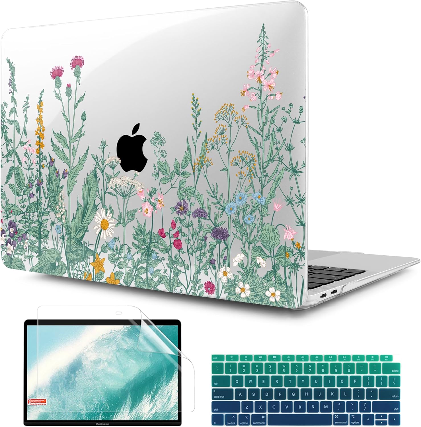 TWOLSKOO Botanical Illustration Engraving Style Hrad Shell Case Cover and Keyboard Skin Screen Protector for MacBook Air 13 inch 2018-2021 Model A2337 M1 A2179 A1932 with Retina Display