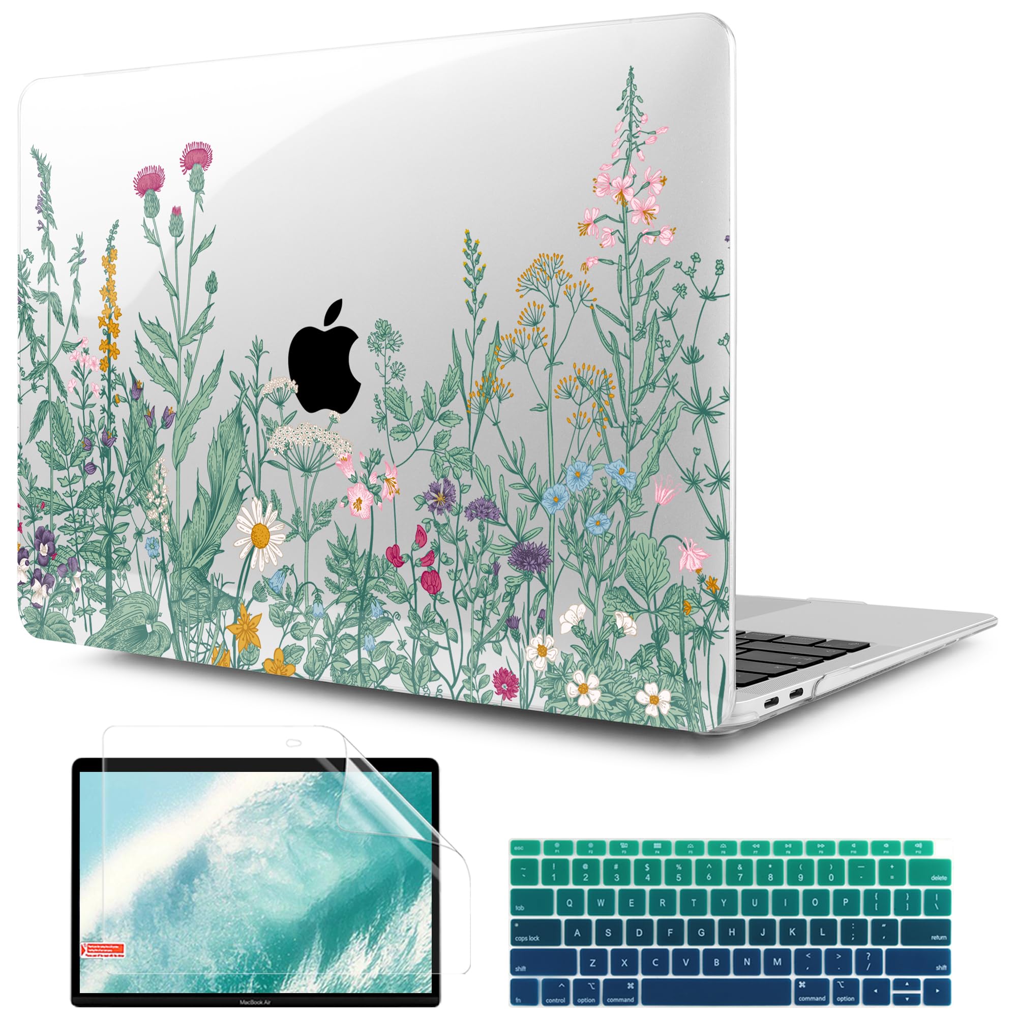 TWOLSKOO Botanical Illustration Engraving Style Hrad Shell Case Cover and Keyboard Skin Screen Protector for MacBook Air 13 inch 2018-2021 Model A2337