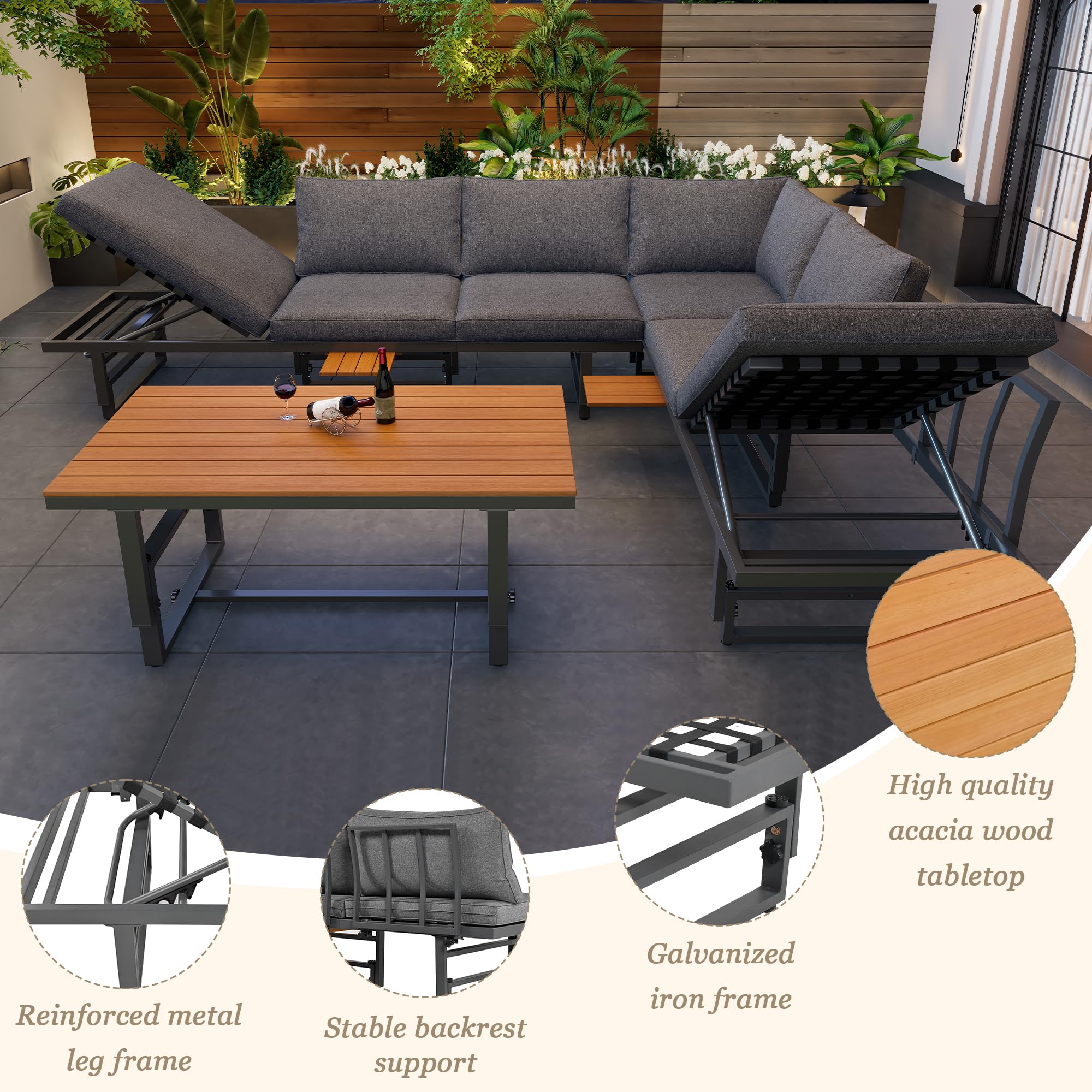 Sapgaks Ensemble de Salon de Jardin extérieur pour 6 Personnes,Structure en Fer thermolaqué, Dossier réglable, Bois d'acacia, Table réglable,Gris
