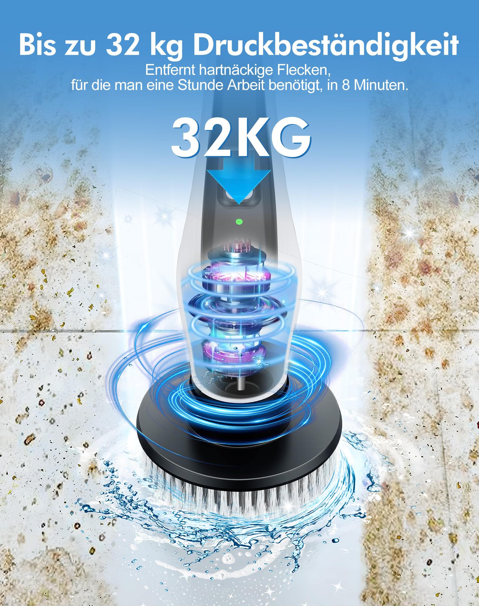 Elektrische Reinigungsbürste mit 9 Wechselbürsten, IPX8 Wasserdicht, 2 Geschwindigkeiten, Teleskopgriff 30–107 cm, 3000mAh Akku Elektrische Bürste zum Putzen für Bad,Küche,Auto,Boden,Fliesen