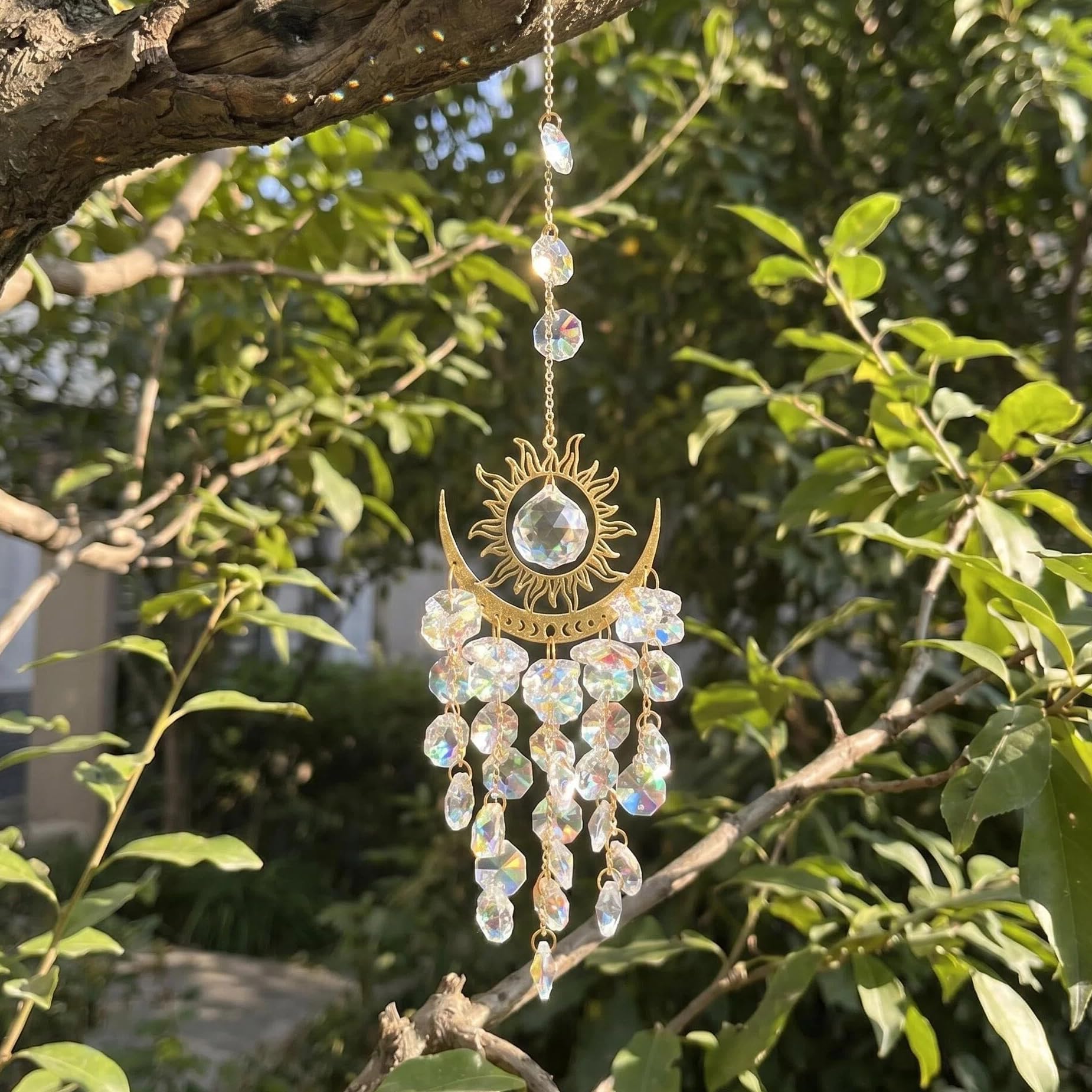 Sun and Moon Suncatcher, AB Iridescent Crystal Sun Catcher, Gold Rainbow Maker Window Hanging Ornament for Indoor Outdoor Garden Home Decor, Gift for Women Birthday Housewarming (38cm/15inch)