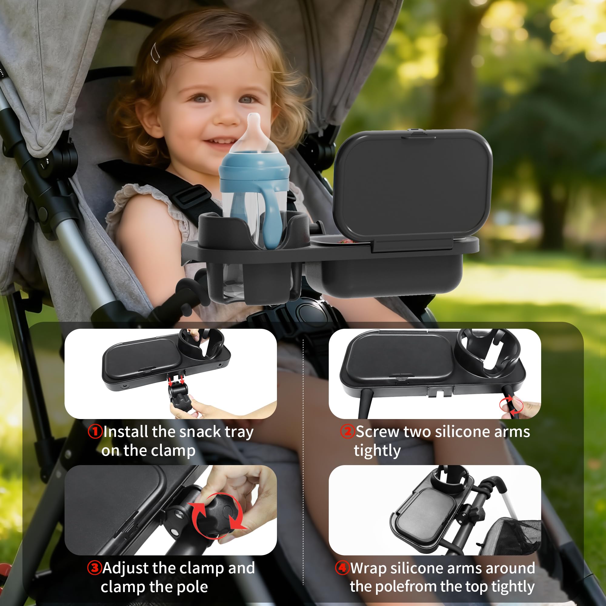 Lot de 2 plateaux de collation universels pour poussette - Compatible avec Nuna Bugaboo - Double plateau avec porte-gobelet - Plateau en silicone amovible pour un nettoyage facile - Pour les