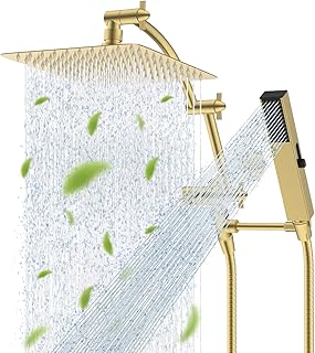 Hibbent All Metal CUPC Certified 10'' Rain Shower Head, Dual Shower Head Combo, High Pressure Handheld 4 Sprays Shower Wand, 16'' Adjustable Extension Arm, 71'' Hose, Shower Holder, Brushed Gold