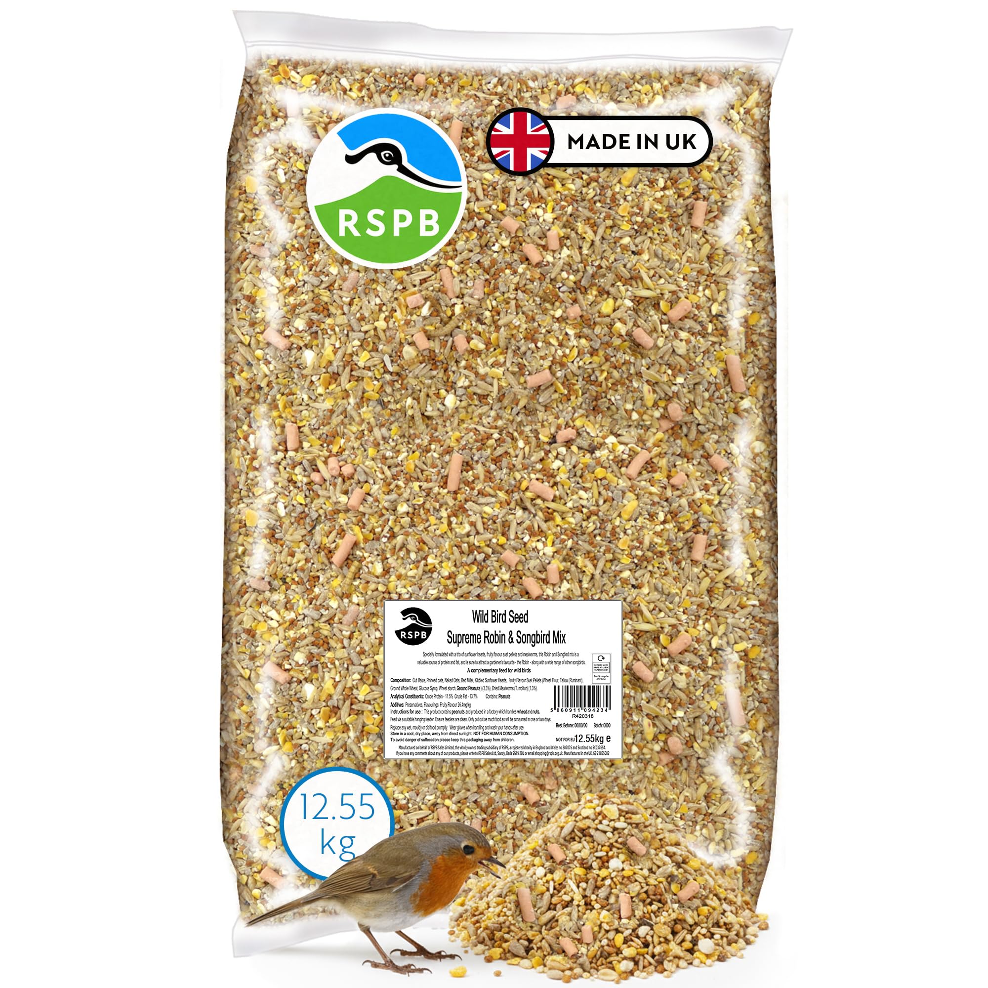 RSPB - Wild Bird Seed for Small Birds, Songbird and Robin Food Mix with Sunflower Hearts and Mealworms, Healthy and Nutritious, Made in the UK (12.55kg)
