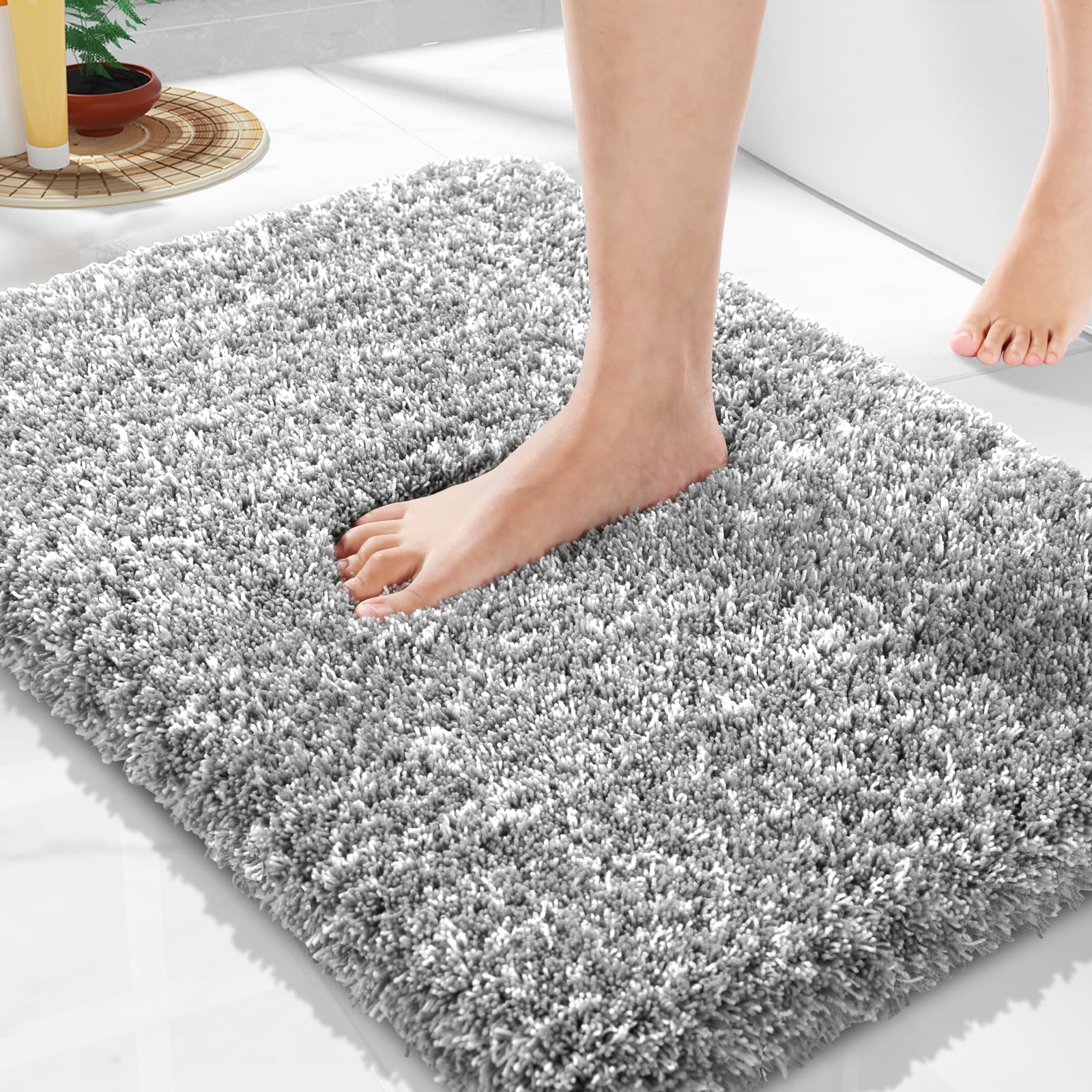 Yimobra Bathroom Rugs Non Slip Washable, Ultra Soft and Water Absorbent Bath Mats, Plush Fluffy Shower Mat Outside, Microfiber Thick Matts for Bathroom Floor/Sink, 24x17, Light Gray and WhiteOEKO-TEX STANDARD 100