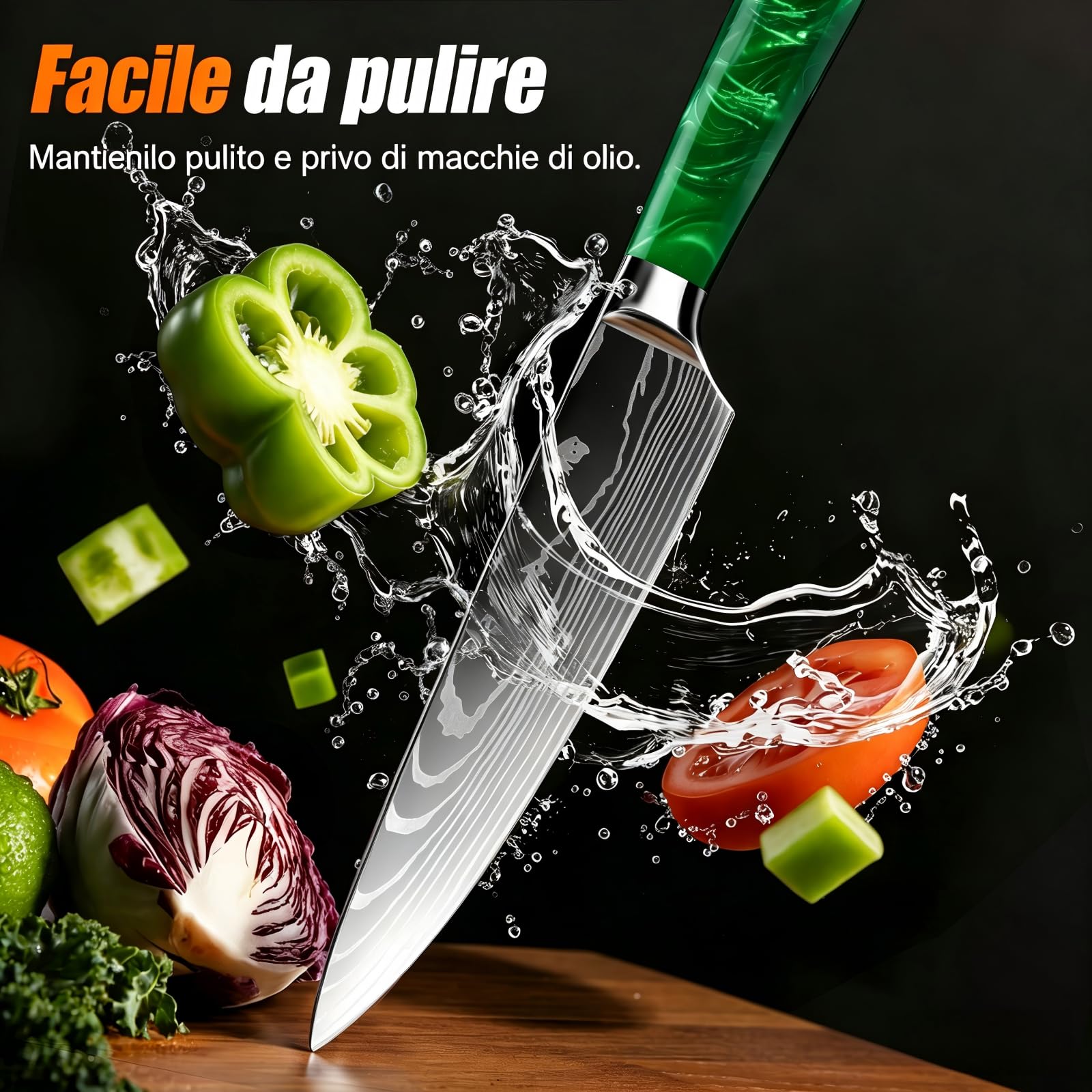 Set Coltelli da Cucina, 10pz, con Coltelli da disosso, Coltelli per frutta e Coltelli da Chef, Manico in resina, Acciaio Inossidabile, Damasco, set coltelli da cucina professionali(Verde)