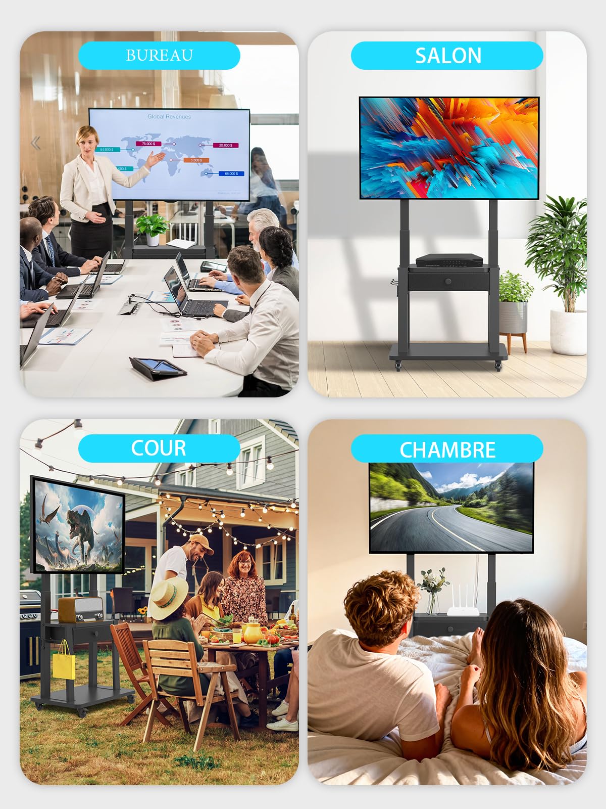 Support TV Roulant avec tiroir de Rangement en Tissu pour écran Plat/incurvé de 32-75" jusqu'à 100 kg LCD/LED/OLED Hauteur réglable Chariot TV Mobile avec Roues pour la Maison, Le Bureau et, Noir