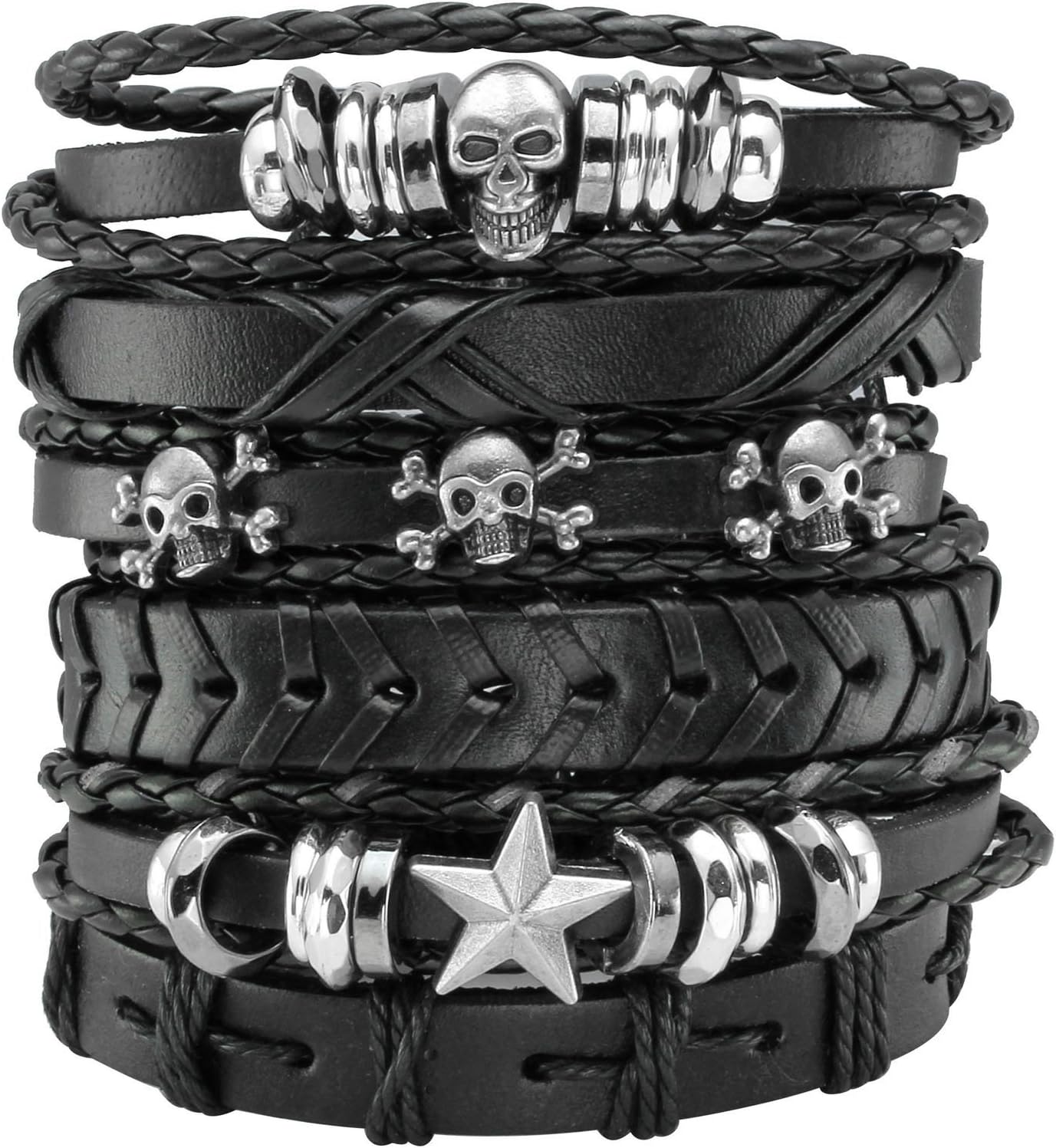 6 Pcs Leather Bracelet Braided Wide Wristband Women Men Punk Rock Jewelry Skull