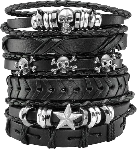 Eigso 6 Pcs Leather Bracelet Braided Wide Wristband Women Men Punk Rock Jewelry Skull