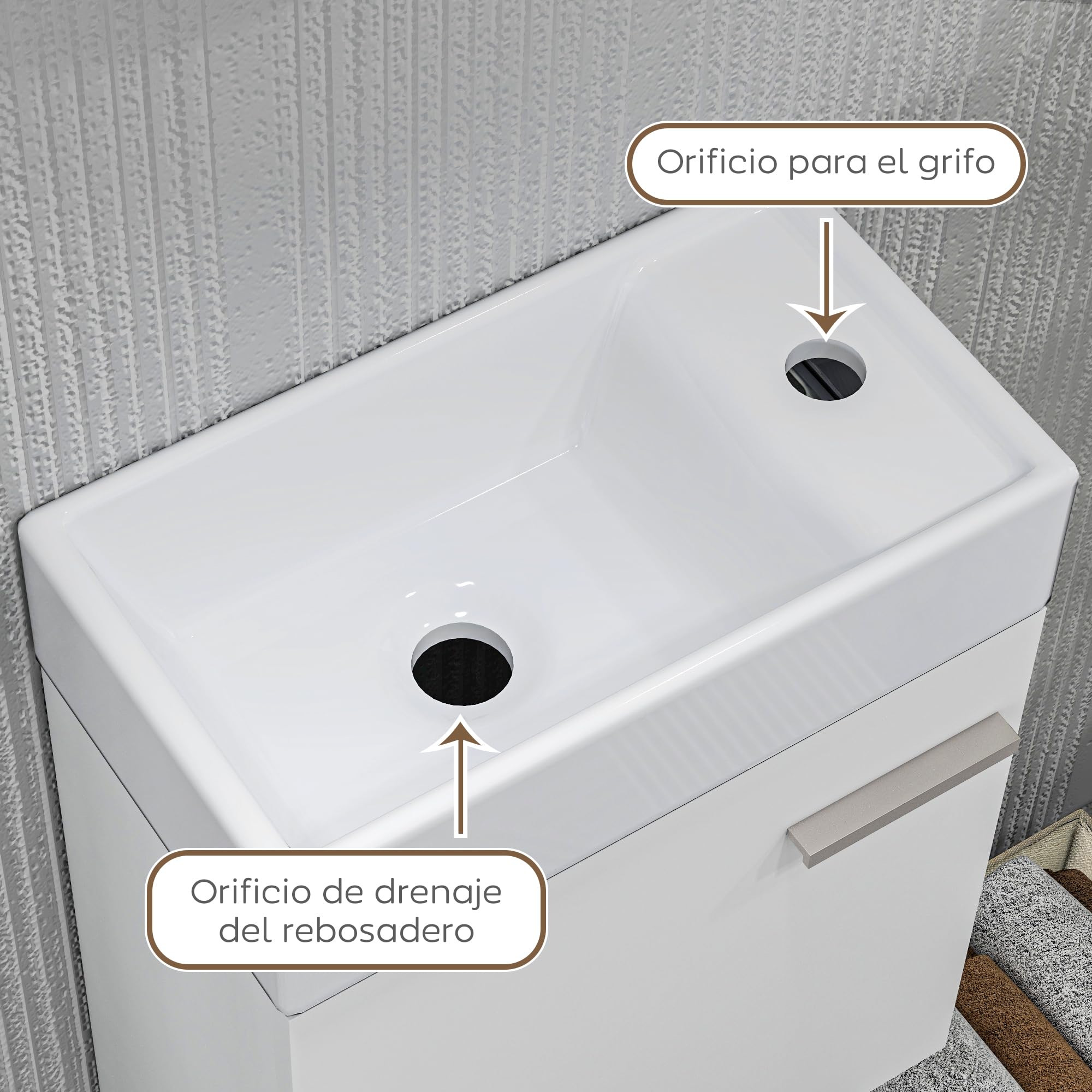 HOMCOM Mueble de Baño con Lavabo de Pared Mueble para Lavabo con Puerta con Cierre Suave Estilo Moderno 40x23x50 cm Blanco Brillo