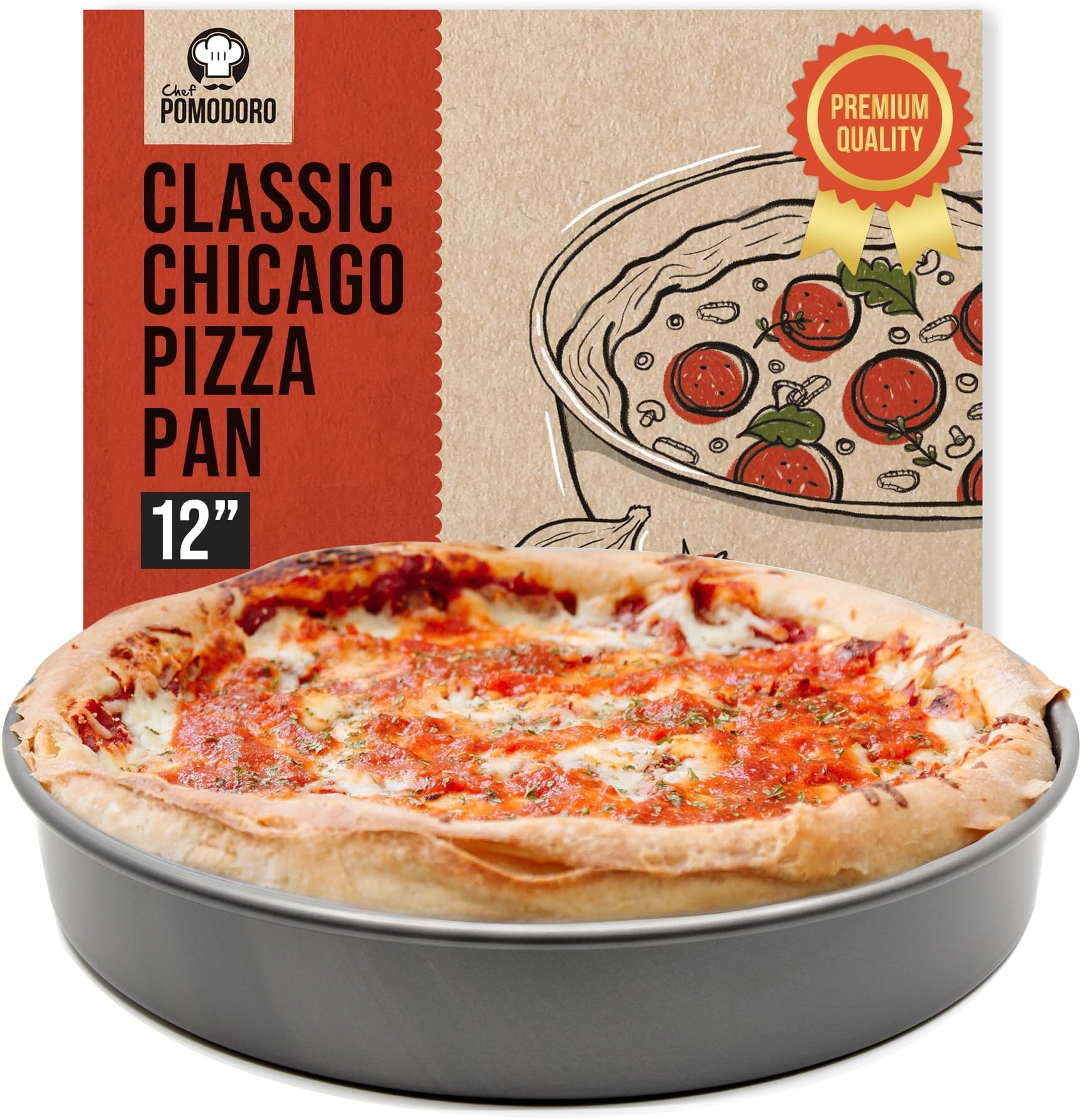 Chef Pomodoro Chicago Deep Dish Pizza Pan 12 Inch, Hard Anodized Aluminum Pizza Pan for Oven, Pre-Seasoned Bakeware Kitchenware, Non-Stick Round Pizza Pans 12-Inch (30 cm)